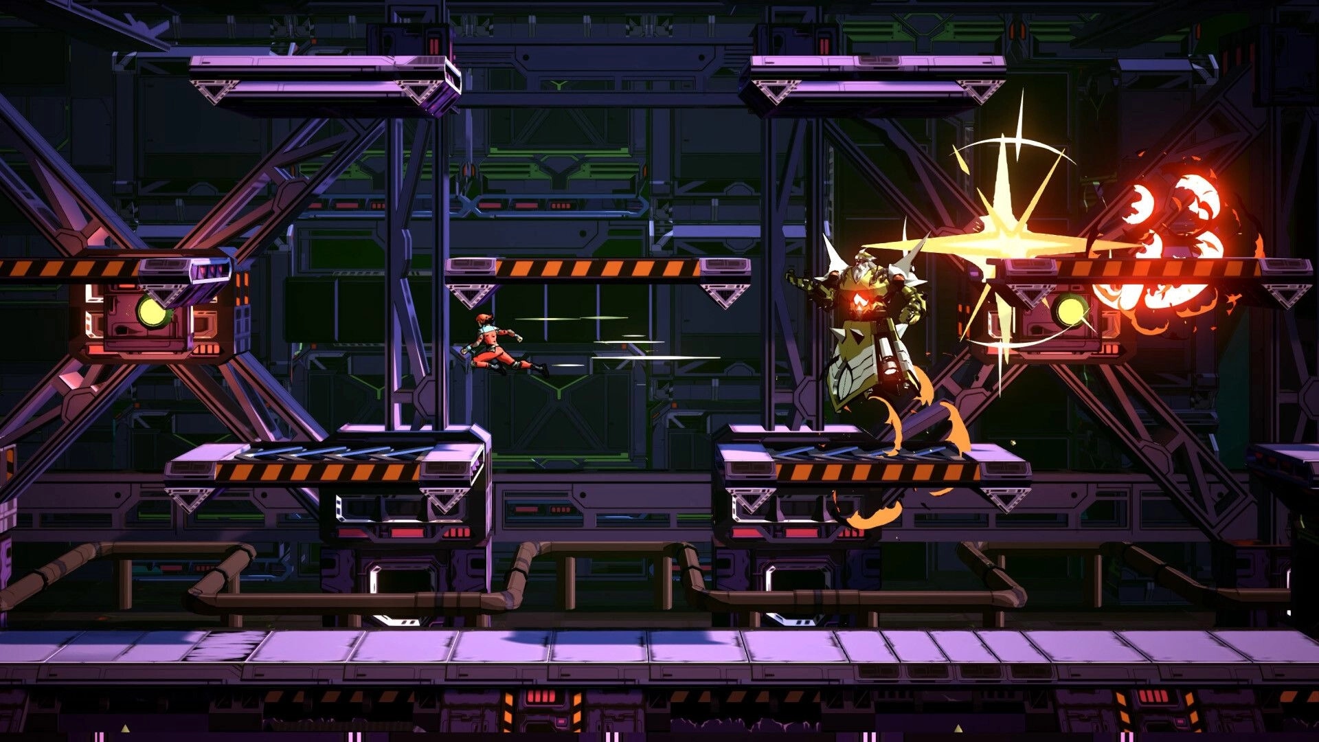 Storm Lancers: Player mid-air battle with armored enemy in industrial platform setting