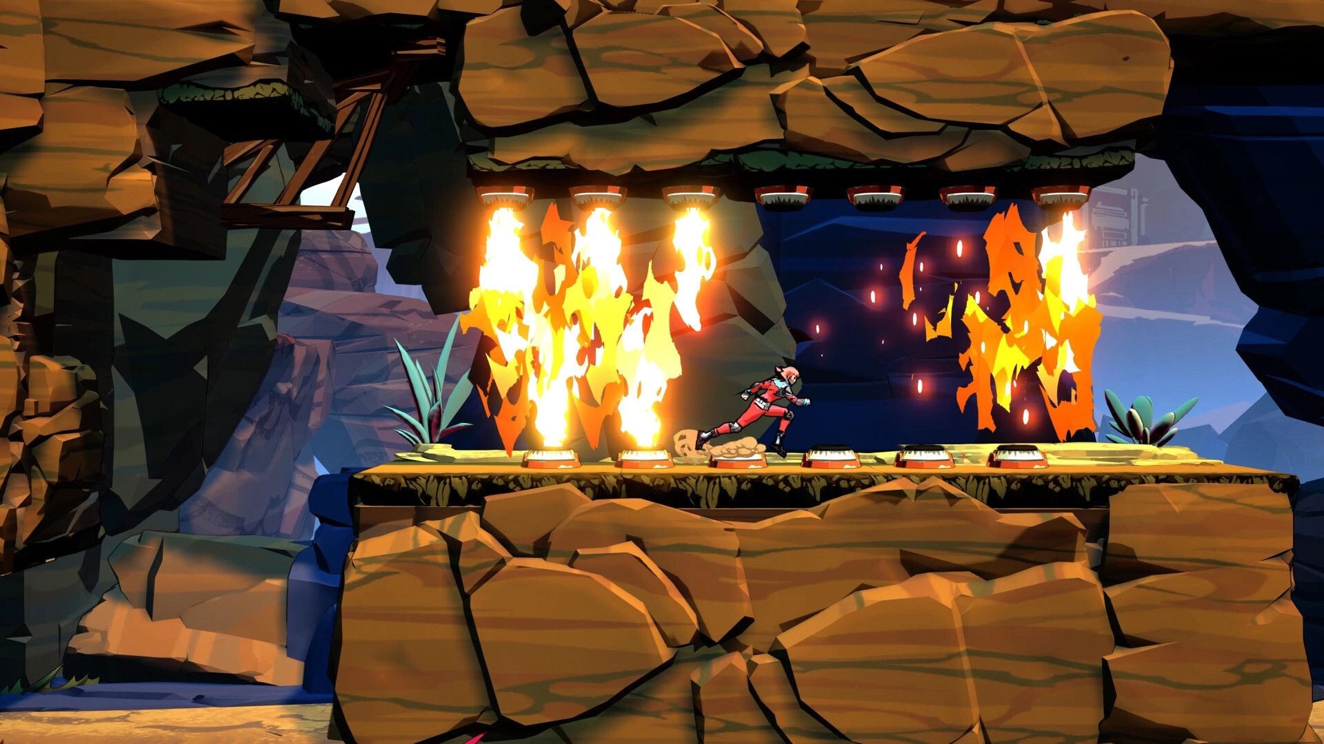 Storm Lancers: Character dodges fire traps in rocky canyon setting with vibrant, animated flames.