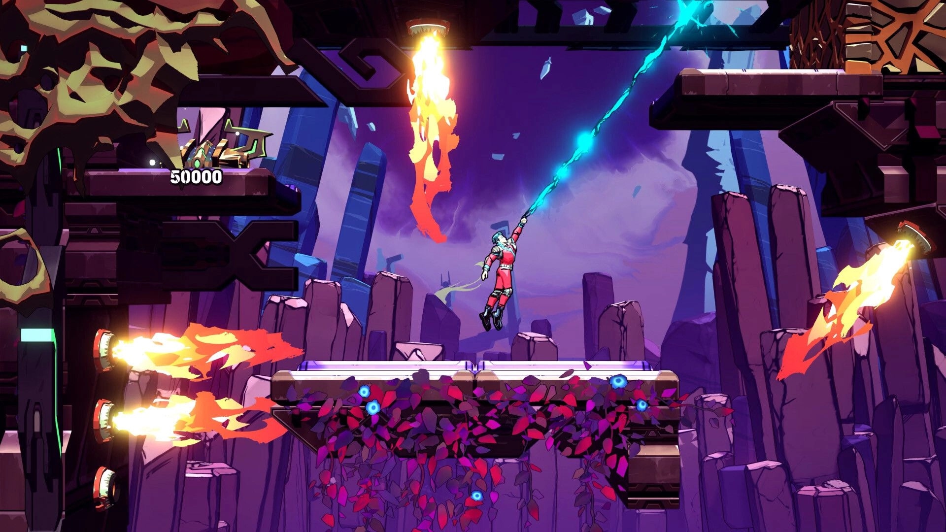 Storm Lancers: Player swings across platforms using energy rope in vibrant, futuristic canyon setting.