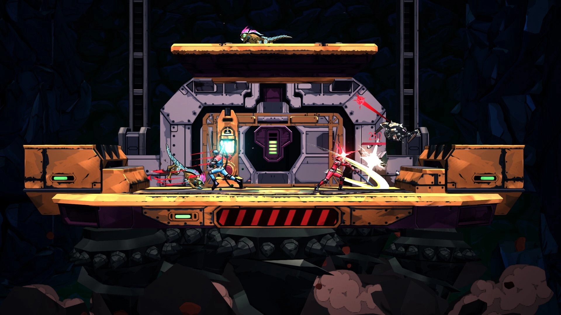 Storm Lancers: Intense combat with three characters fighting on a futuristic platform in a cave setting.