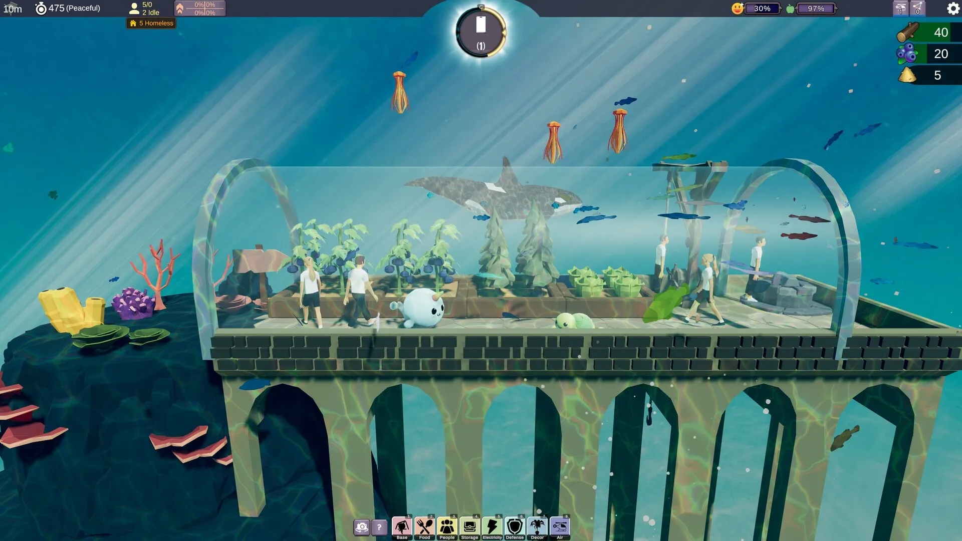 Stormbridge: Characters stroll along a glass-covered bridge with plants, sea creatures, and resource icons.