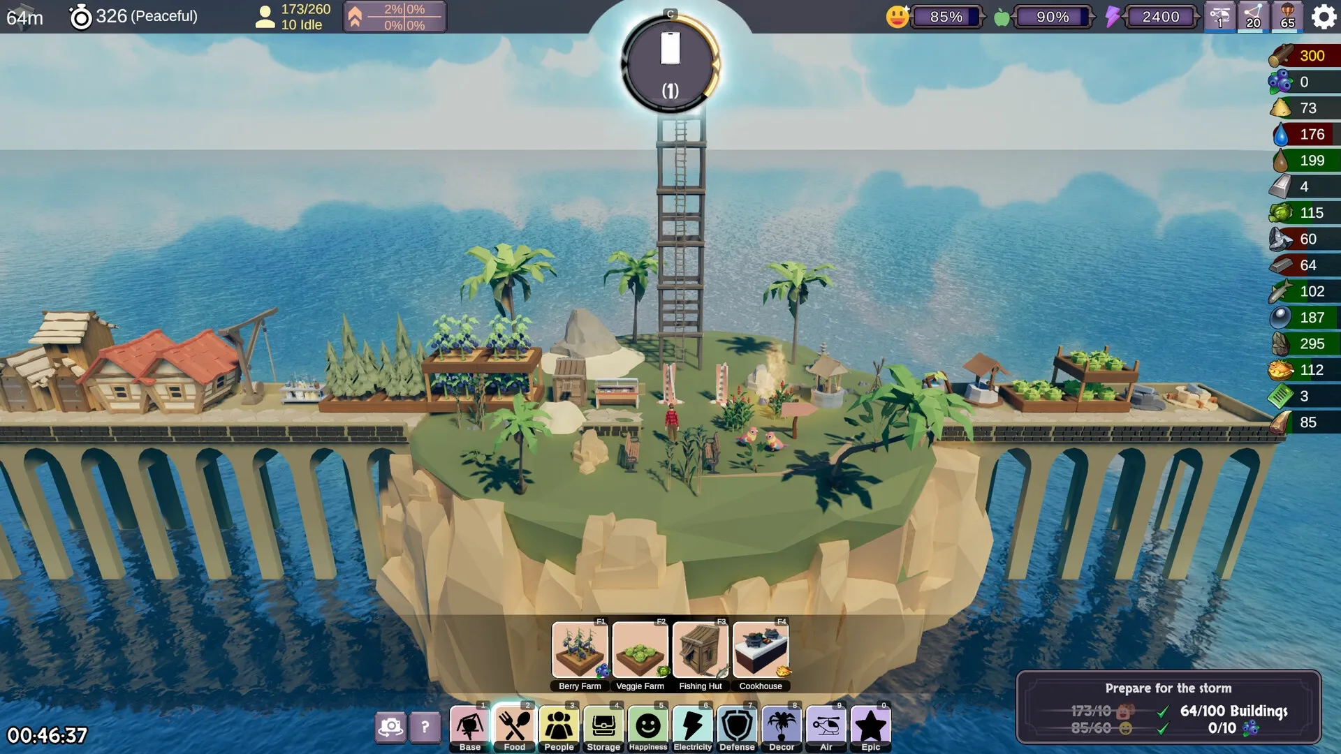 Stormbridge: Settlement overview with resource counters and construction options on a floating island bridge