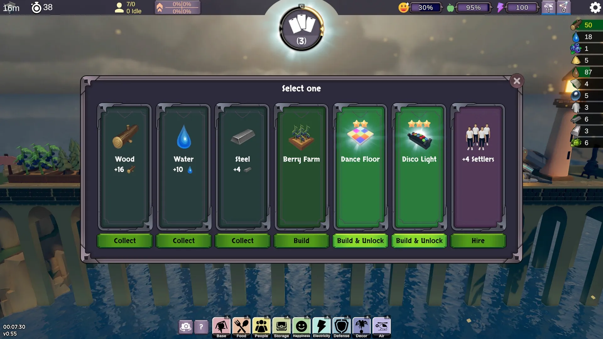 Stormbridge: Resource selection menu with options for wood, water, steel, and building structures