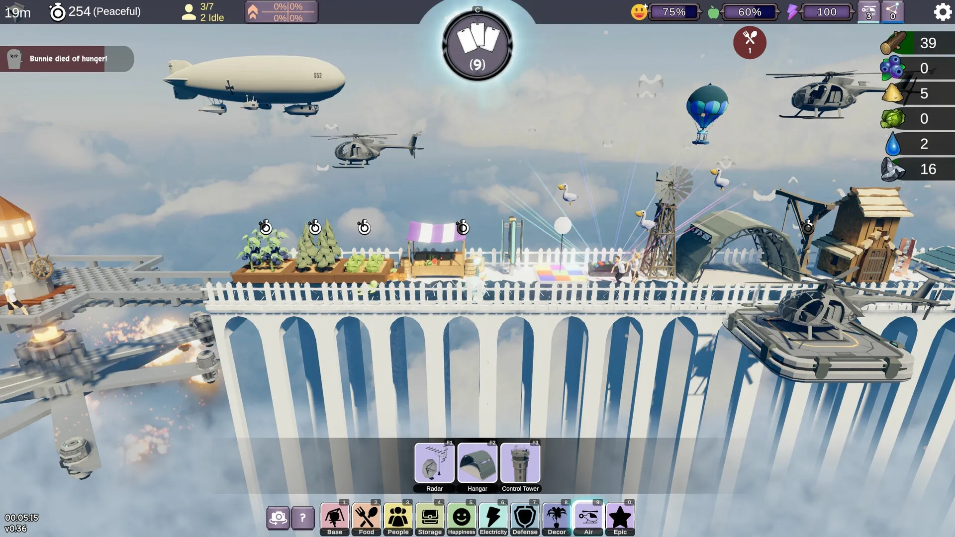 Stormbridge: Aerial bridge view with airships, crops, and resource icons in a sky-high city builder setting