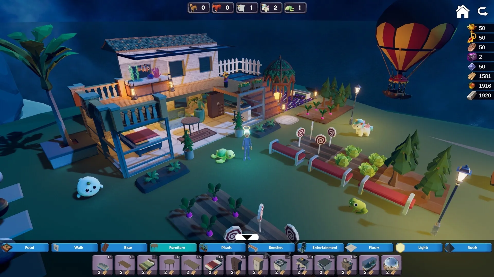 Stormbridge: Player with pets in a garden, building interface open, hot air balloon in the background