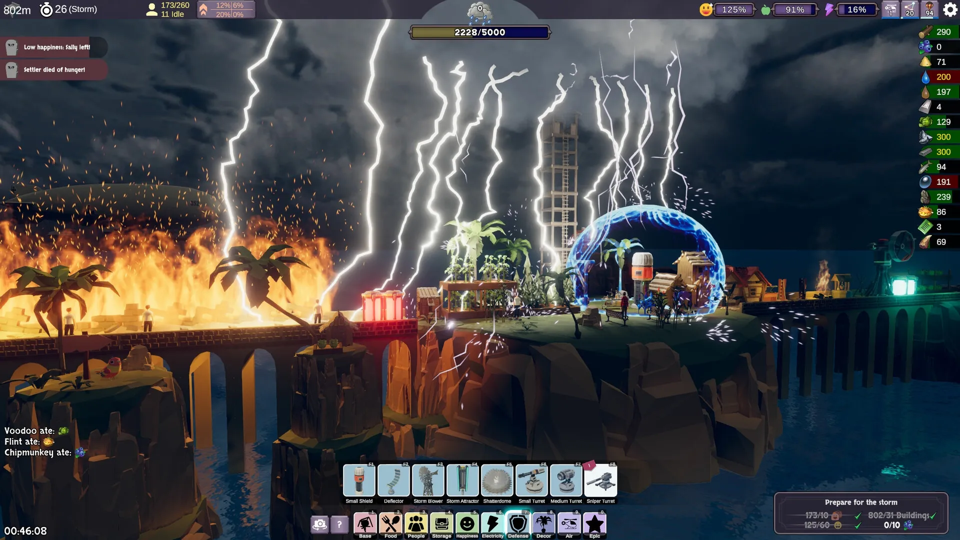 Stormbridge: Lightning storm over bridge settlement with active UI showing resources and settler status
