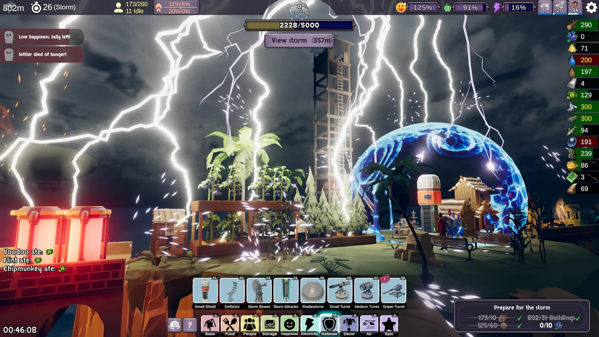 Stormbridge: Intense lightning storm over a settlement with resource and defense UI elements displayed