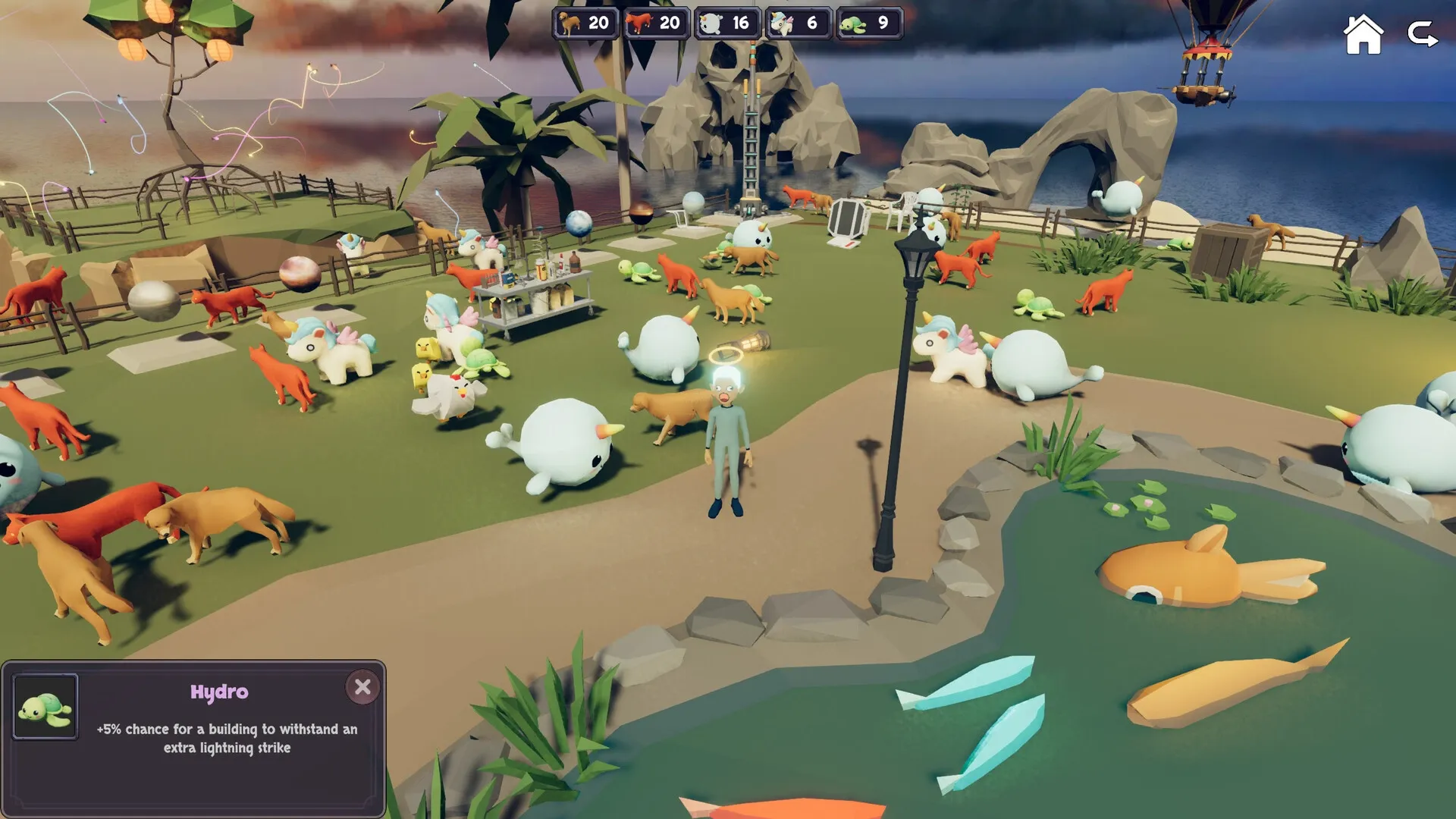 Stormbridge: Character among colorful animals in a vibrant garden setting with inventory UI elements visible.