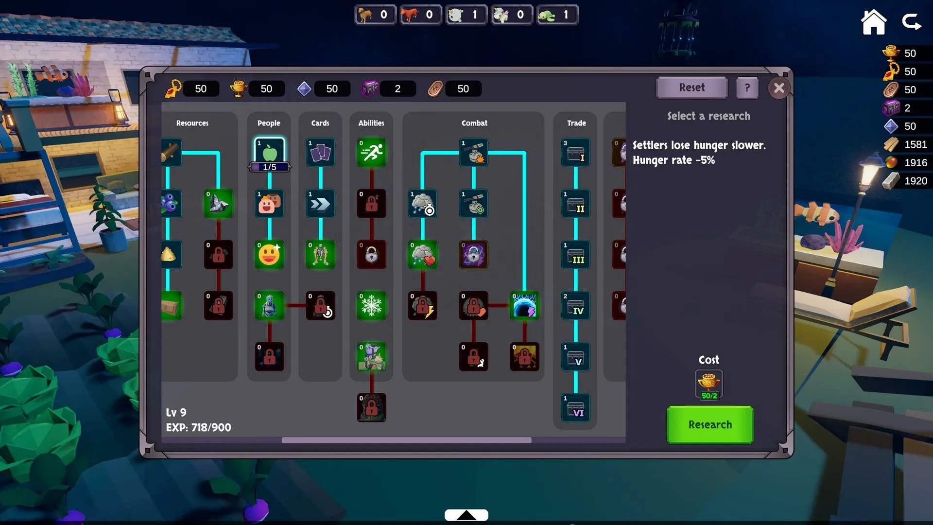 Stormbridge: Skill tree interface with research options and resource icons in a settlement environment