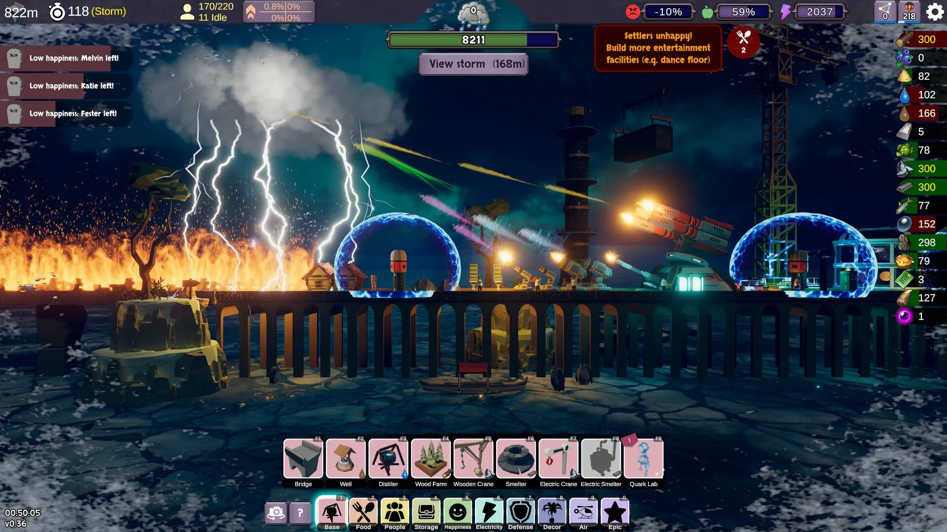 Stormbridge: Bridge settlement with storm approaching, resource indicators, and construction options visible
