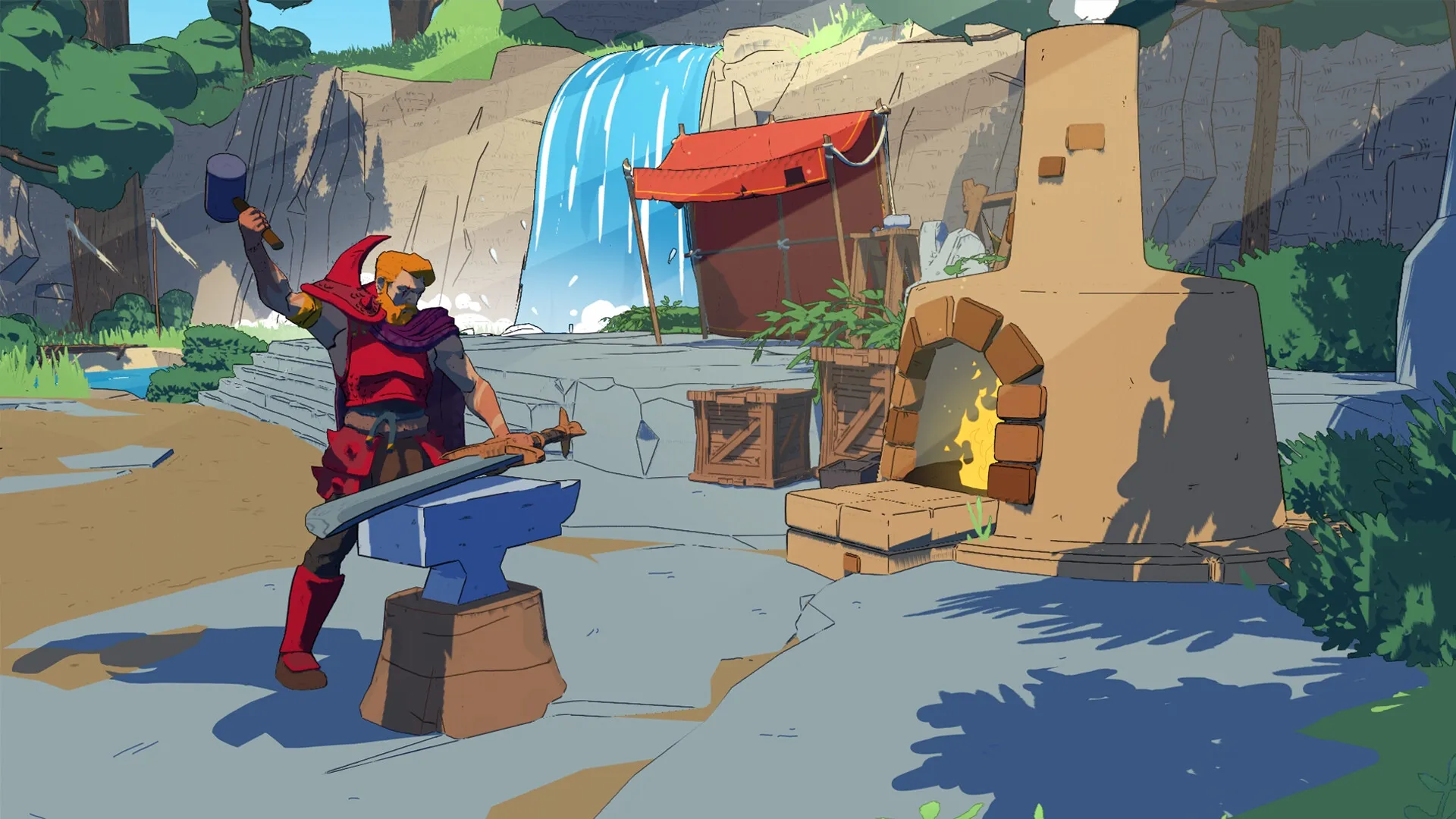 Stormforge: Player crafting a sword at an anvil near a waterfall in a lush forest setting