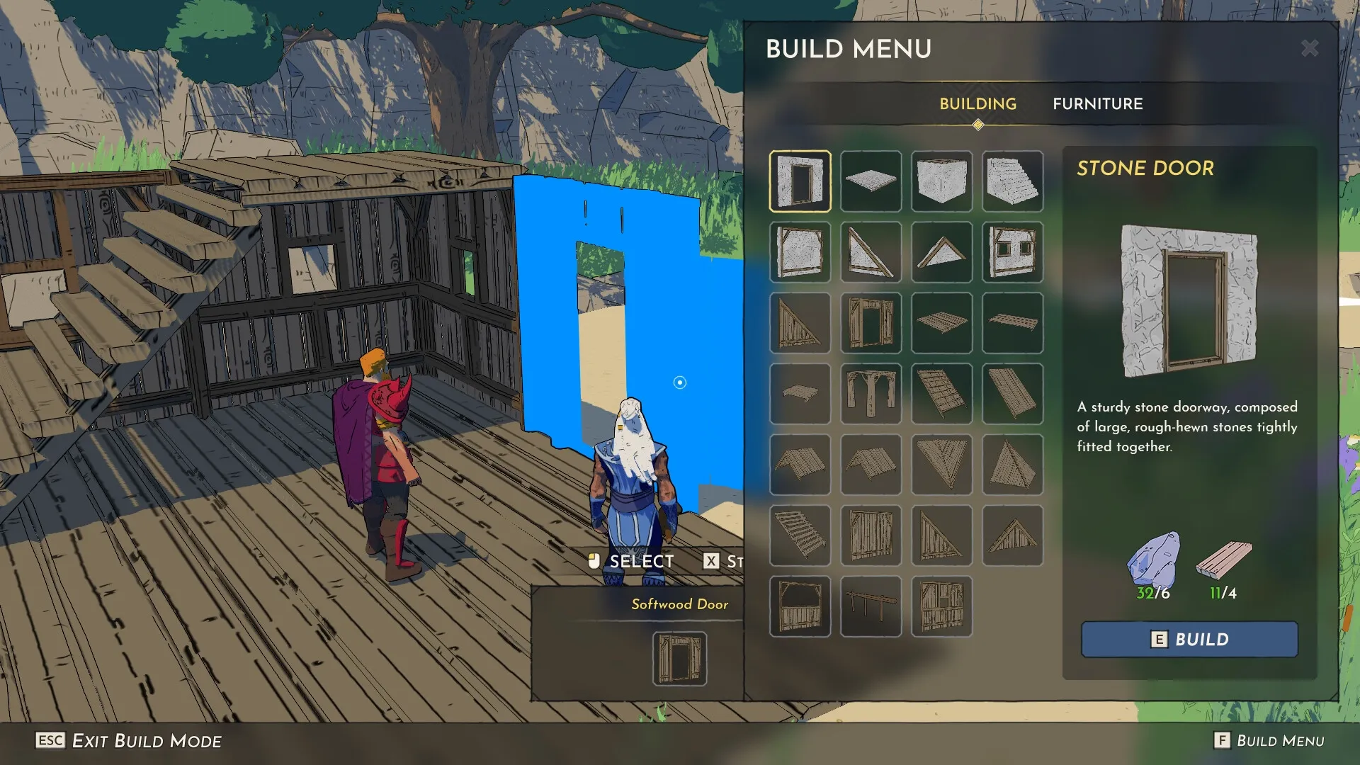 Stormforge: Character in build mode selecting a stone door in a partially built wooden house