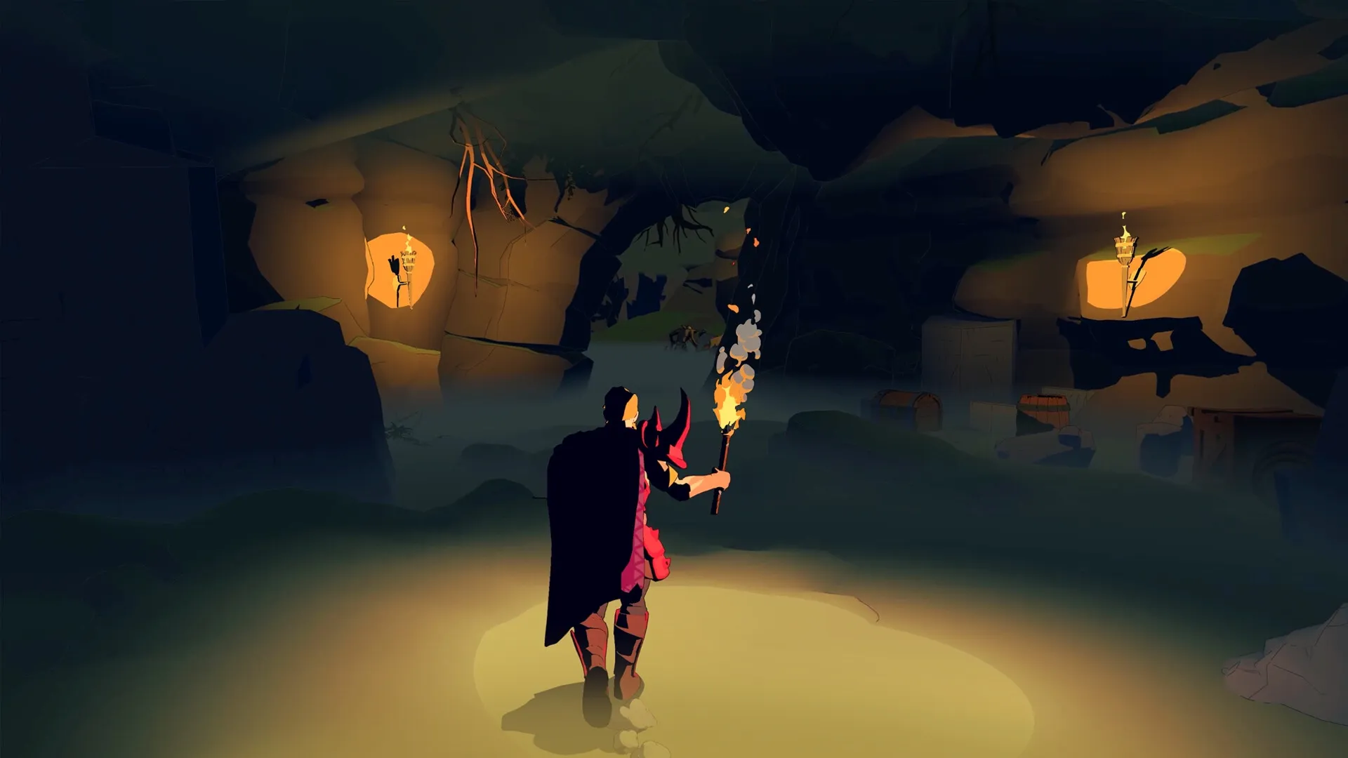 Stormforge: Player exploring dimly lit cave with torch in hand, surrounded by crates and barrels
