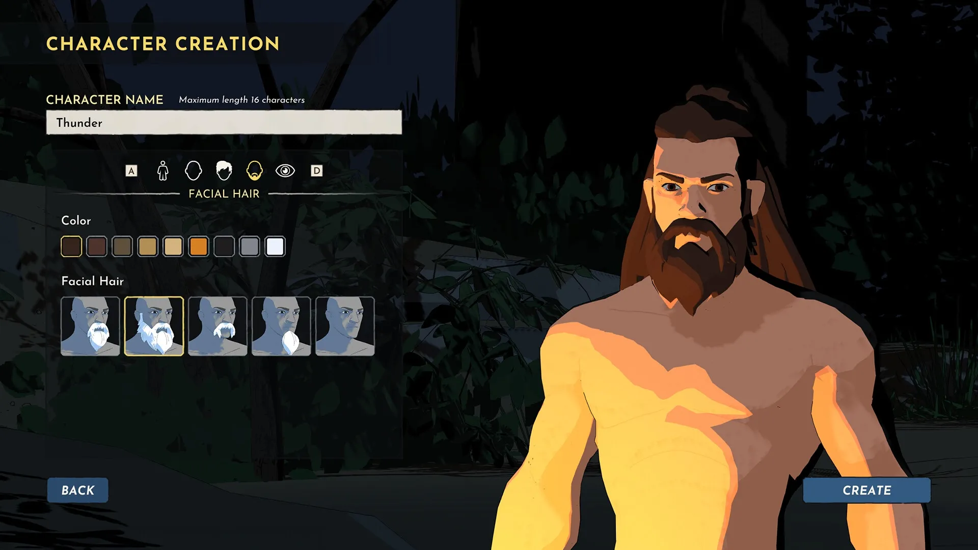 Stormforge: Character creation screen with options for name, facial hair, and color customization