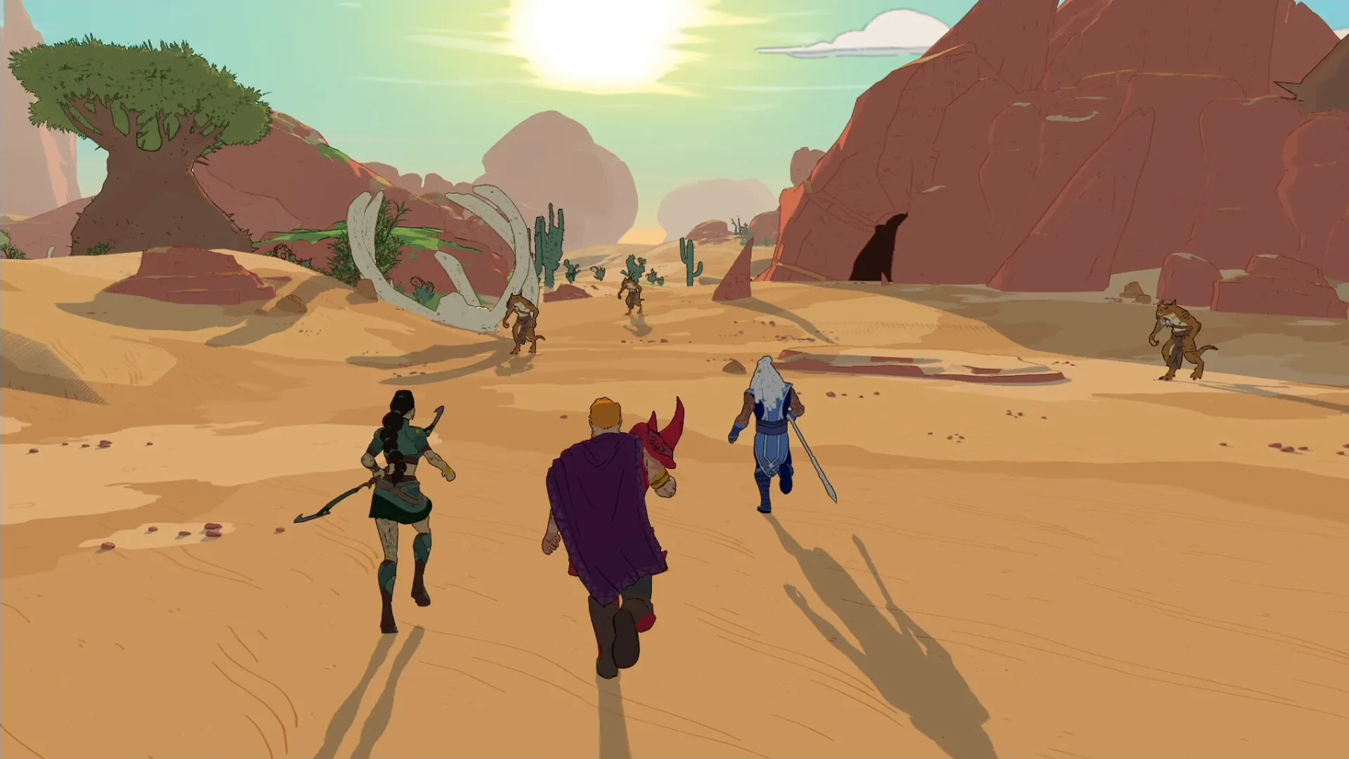 Stormforge: Three characters running towards enemies in a sunlit desert with rocky formations