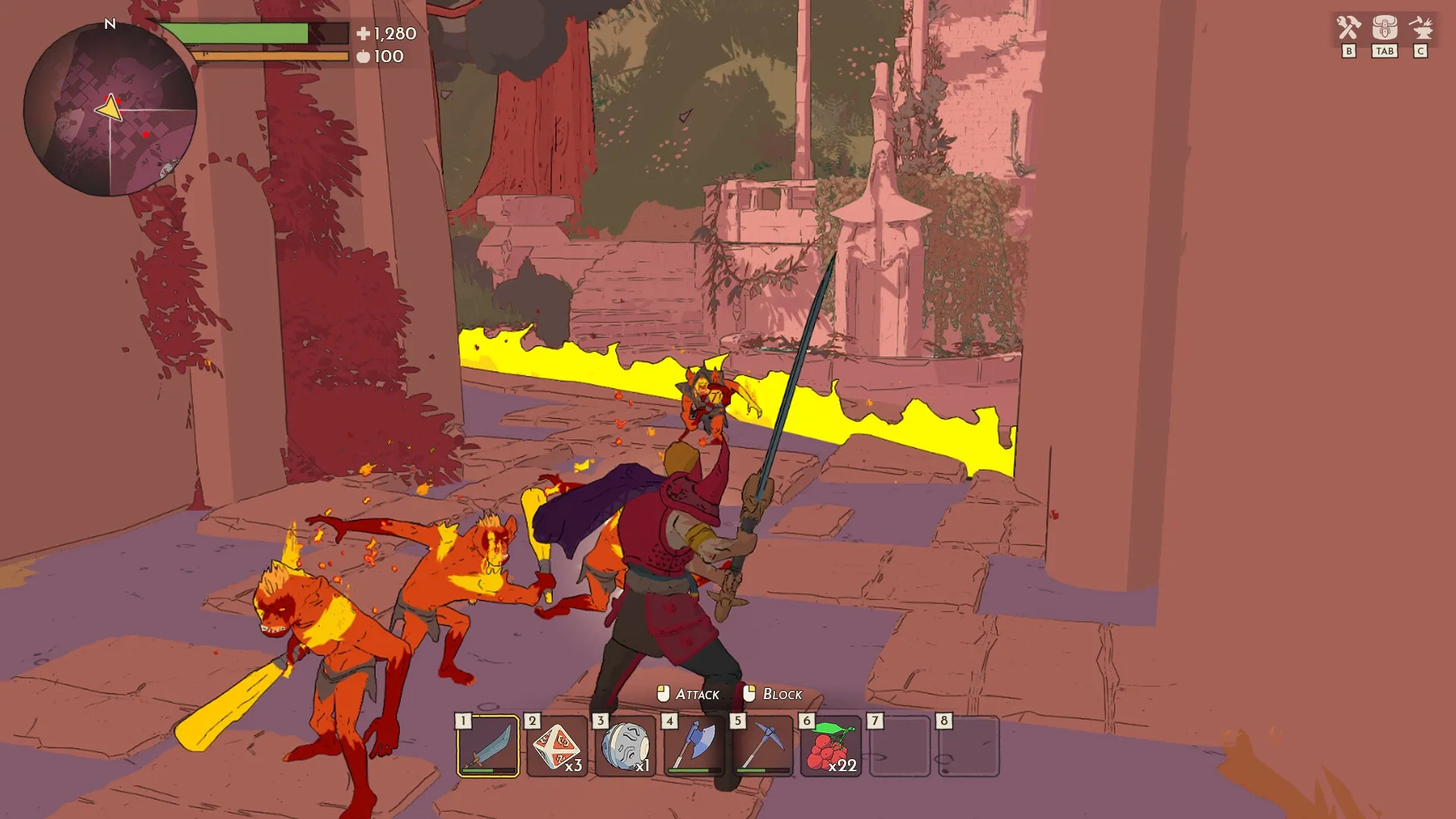 Stormforge: Player fights fiery creatures with a sword in a ruined courtyard, UI showing health and items.