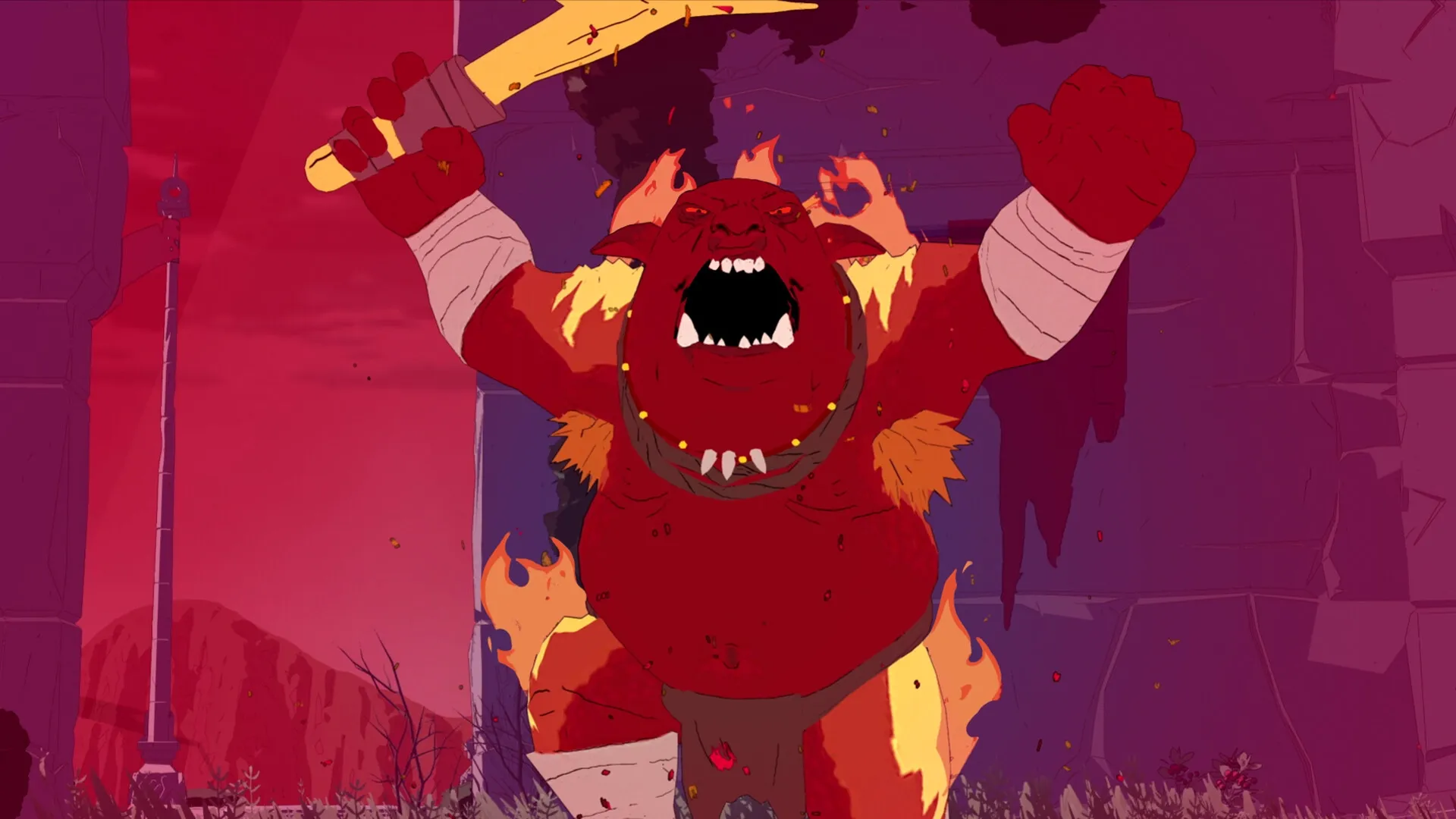 Stormforge: Flaming red beast wielding sword in ruined structure with fiery background