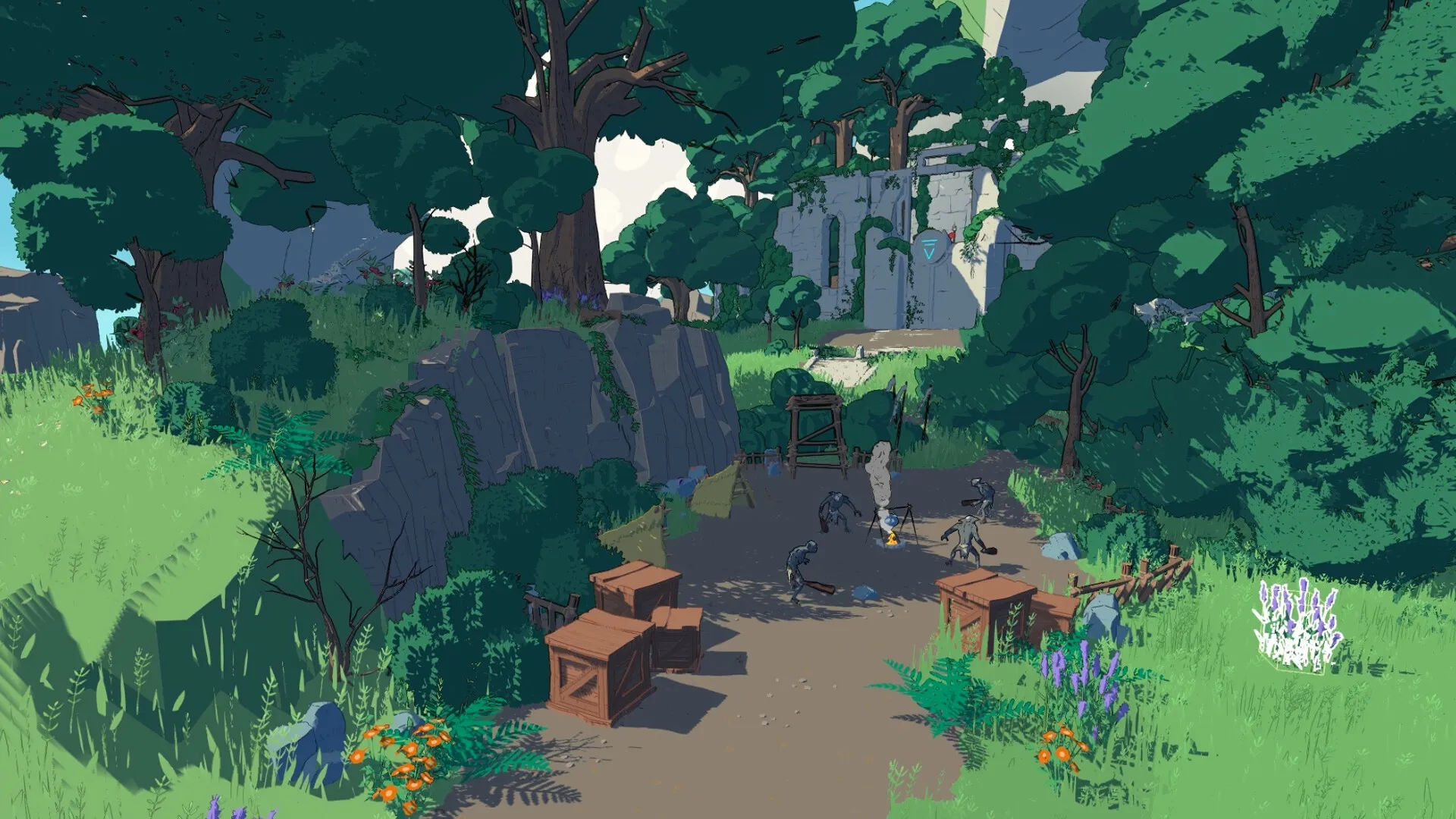 Stormforge: Goblins gathered around campfire in lush forest clearing with ancient ruins nearby
