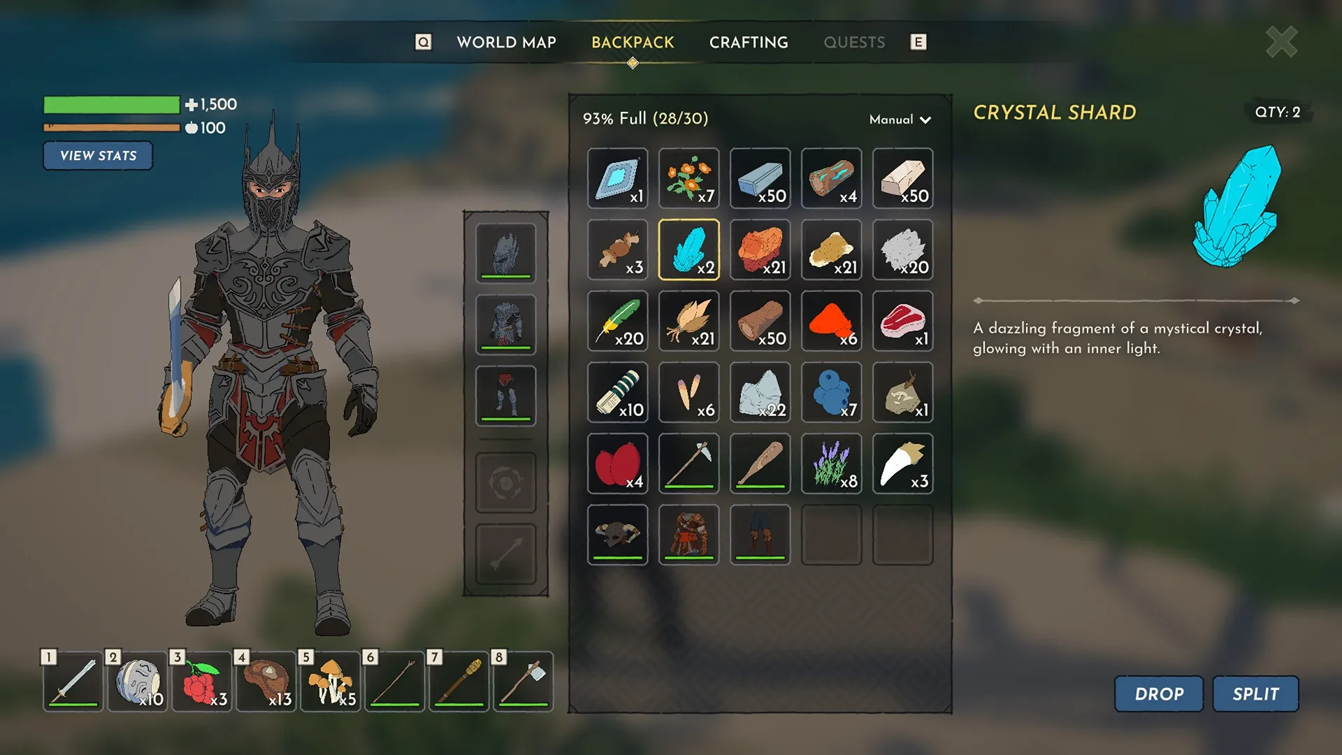 Stormforge: Character inventory screen with equipped armor and various items in a fantasy setting