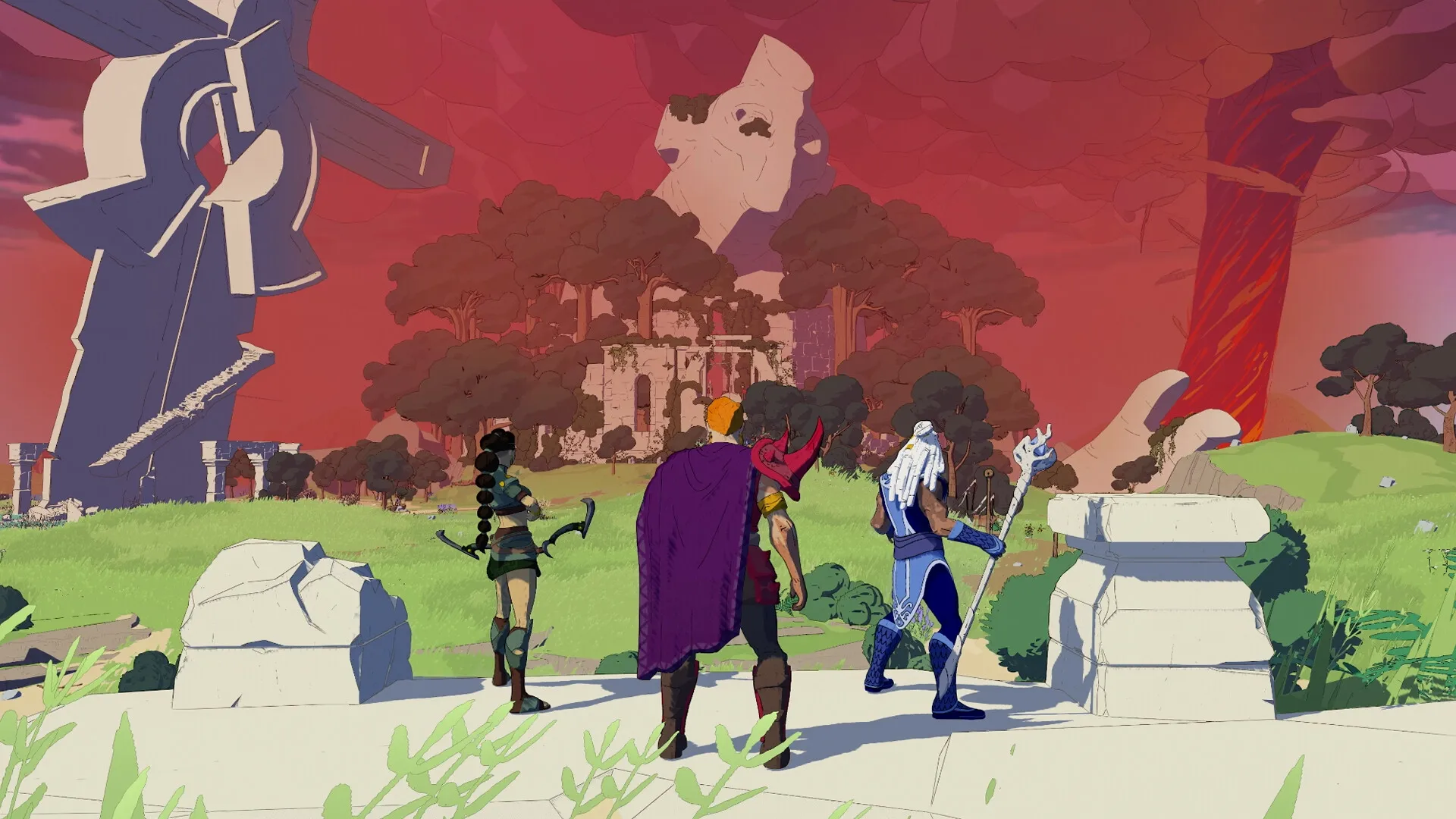 Stormforge: Characters exploring a lush landscape with ancient ruins and a towering statue under red sky
