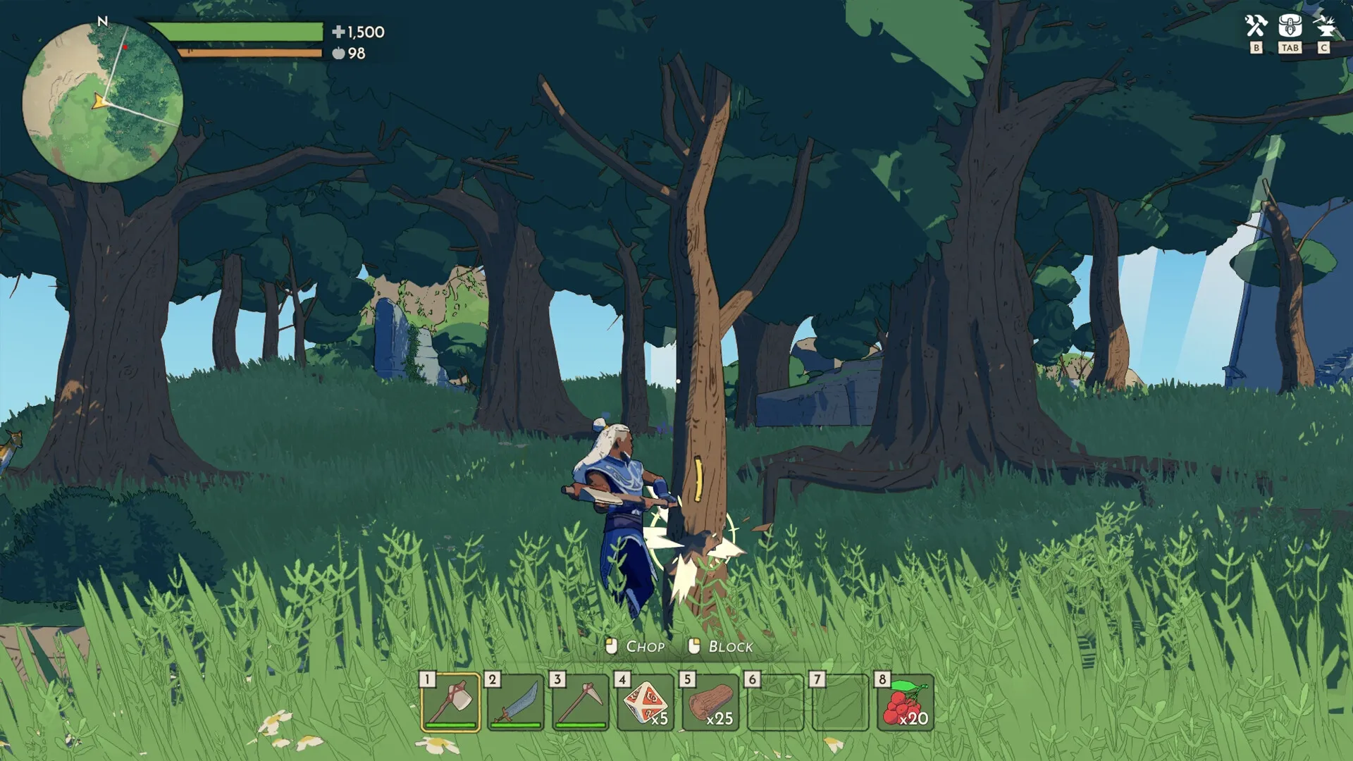 Stormforge: Character chopping tree in dense forest with inventory menu and mini-map visible
