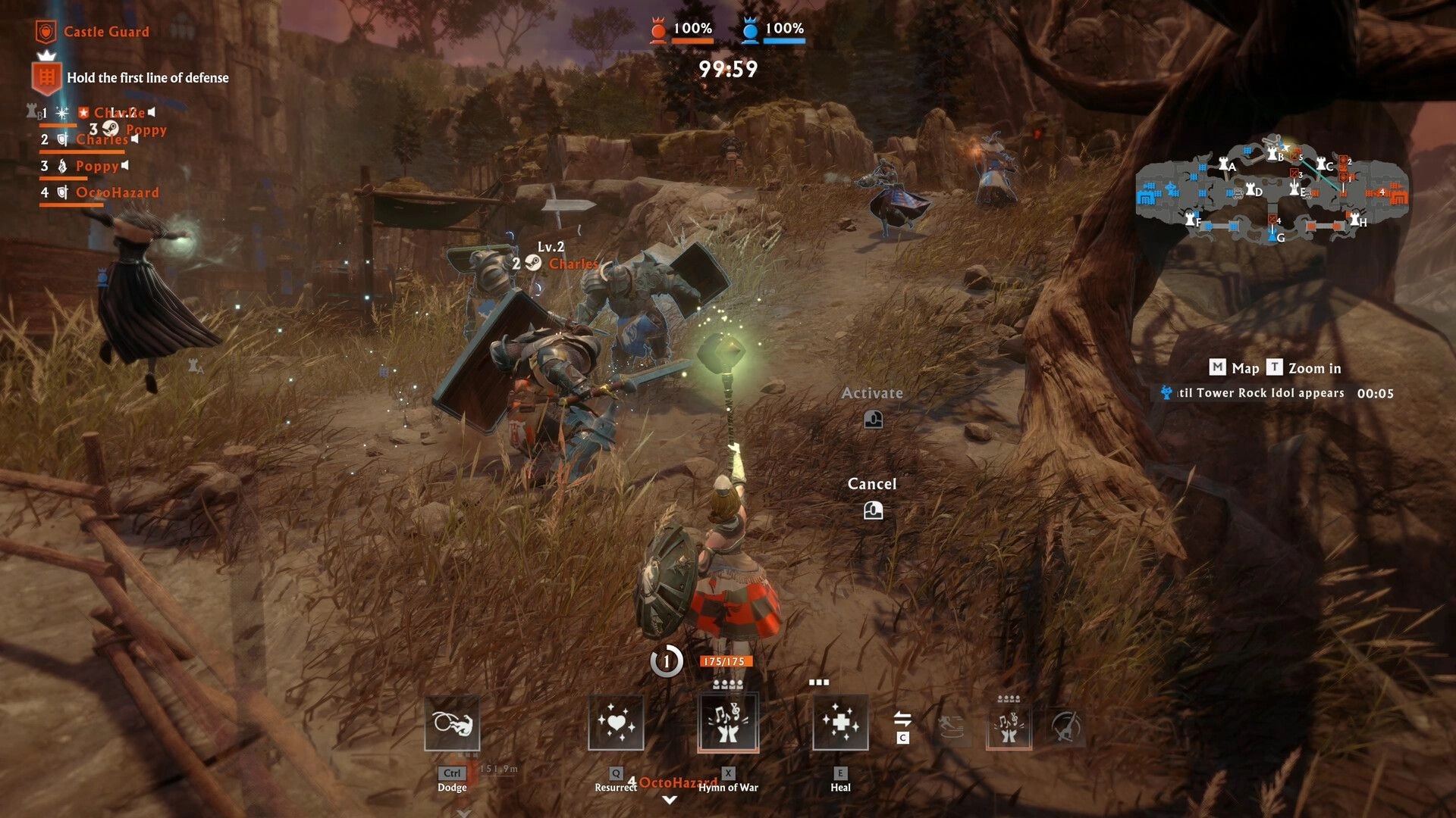 Stormlander: Player OctoHazard casting spell in forest path with allies and enemies battling nearby