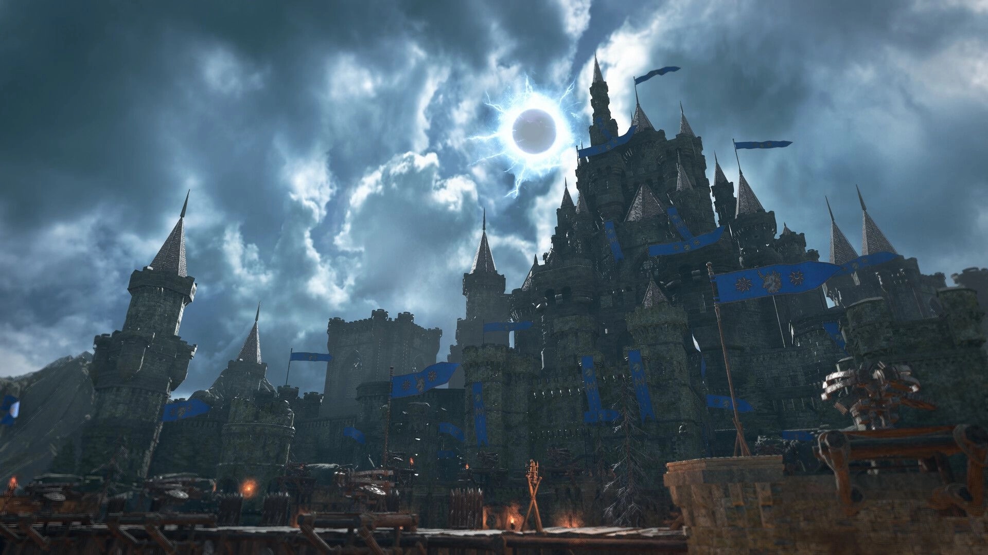 Stormlander: Majestic castle under stormy sky with banners waving and siege weapons in foreground