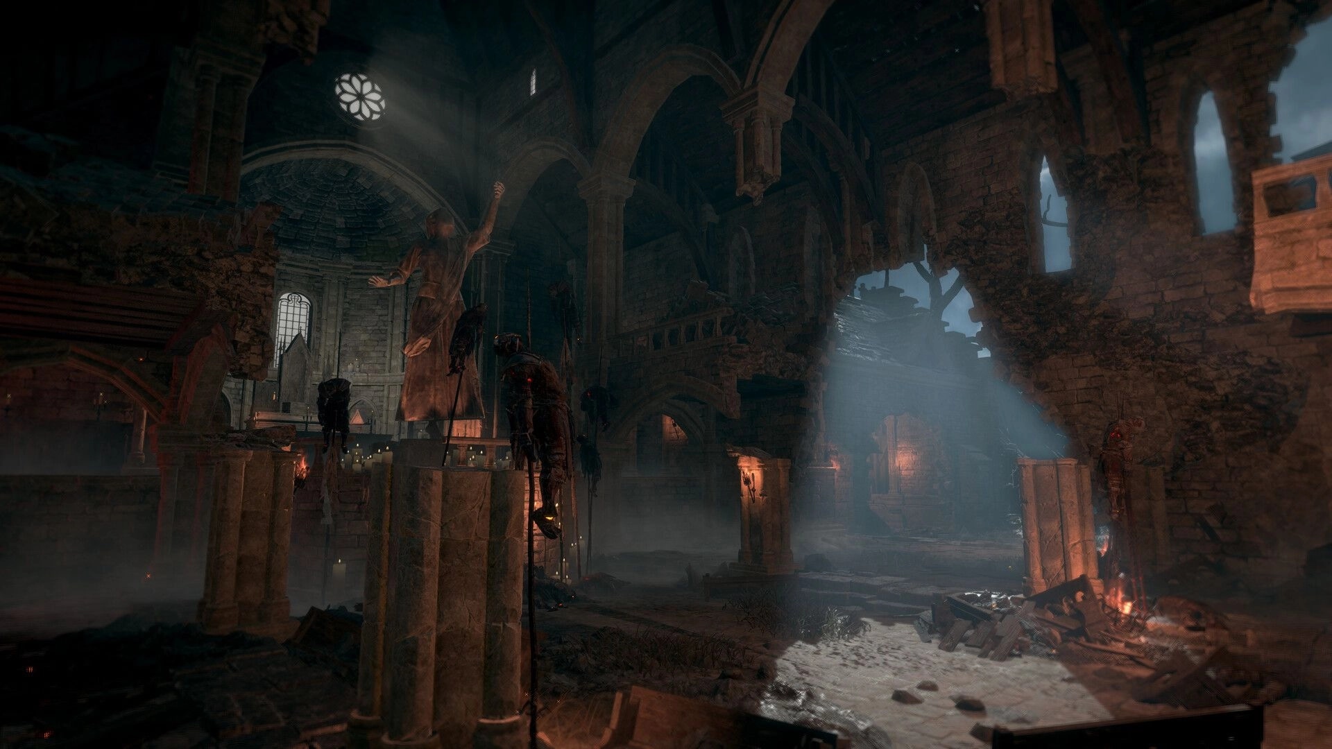 Stormlander: Ruined cathedral interior with eerie lighting and shadowy figures on stone pillars