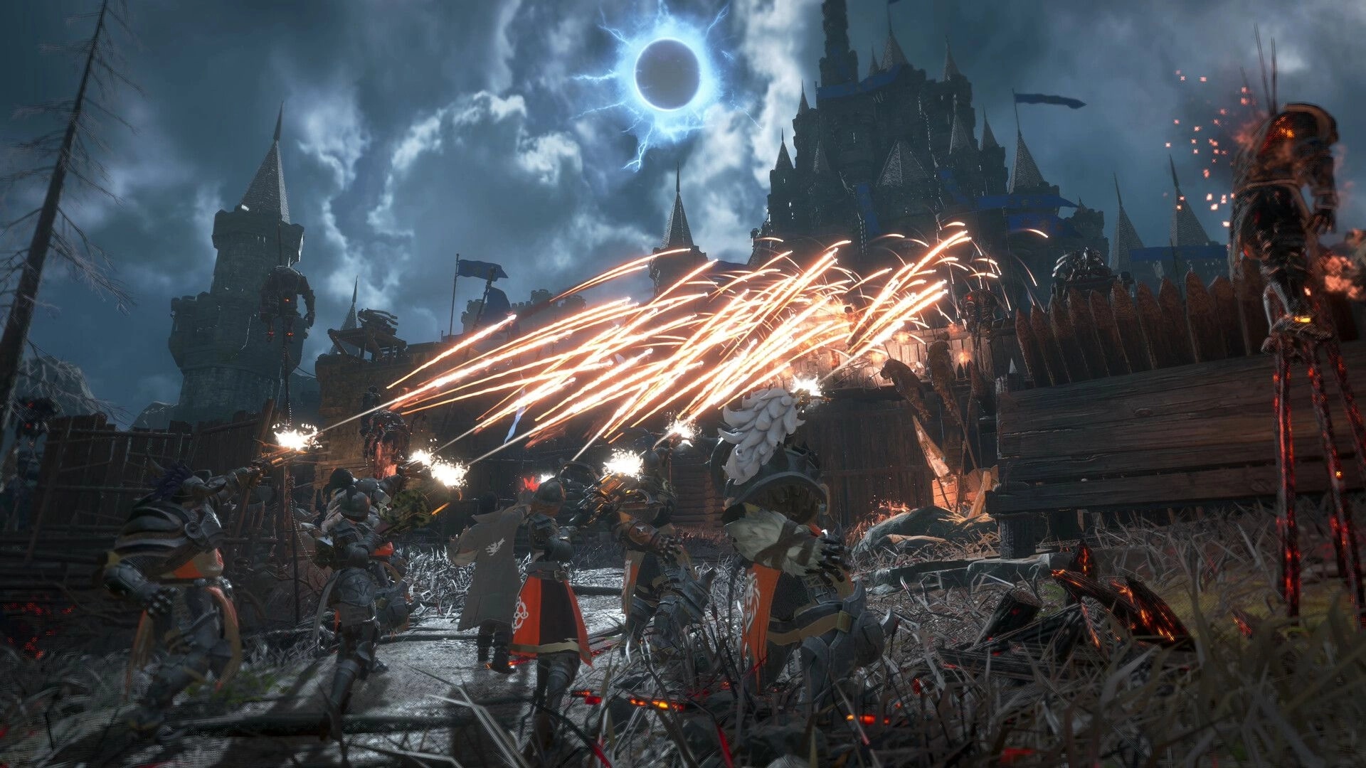 Stormlander: Player casting fire spell at enemy team in rocky canyon with HUD and minimap visible