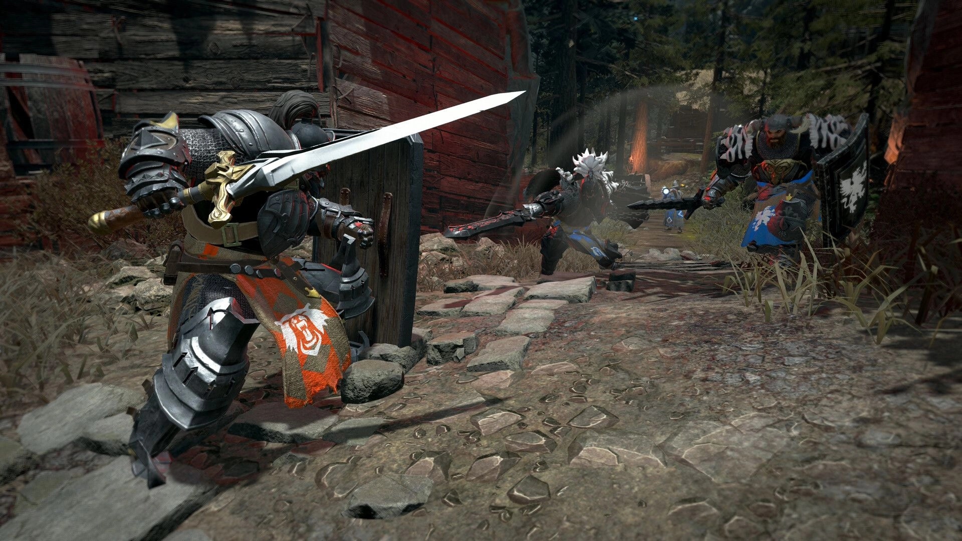 Stormlander: Armored knight battles two foes in medieval village path, wielding a large sword