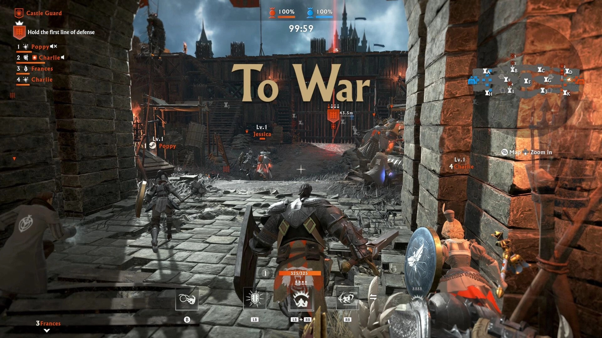 Stormlander: Players prepare for battle at castle gates, UI displays health and team objectives