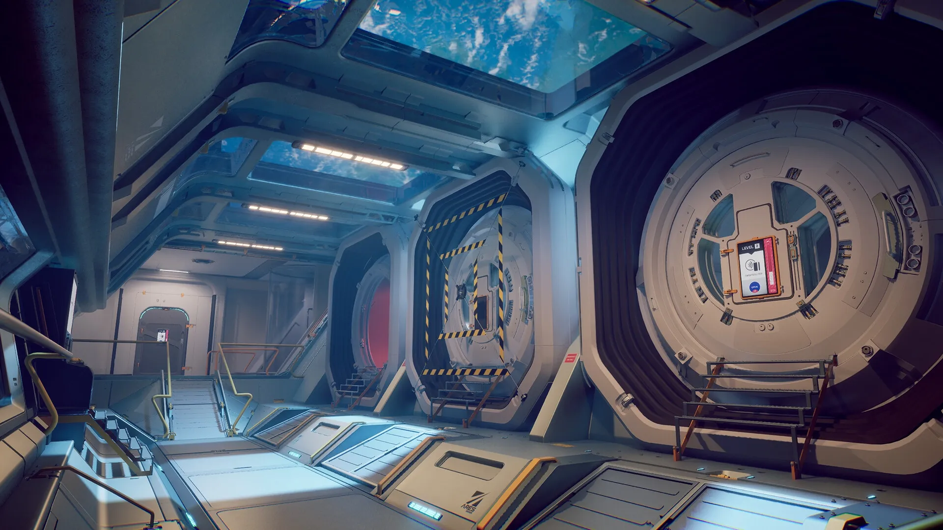 Strand: Interior of a space station corridor with airlock doors and ceiling windows showing space
