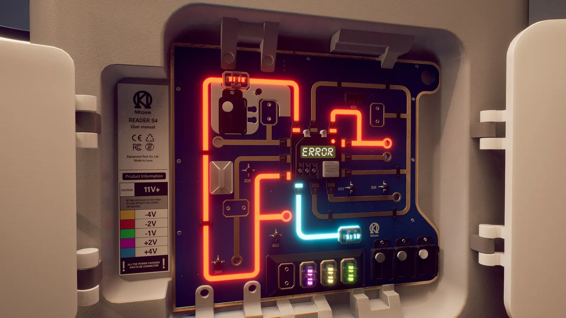 Strand: Circuit puzzle with glowing red and blue paths highlighting an error in a space station panel