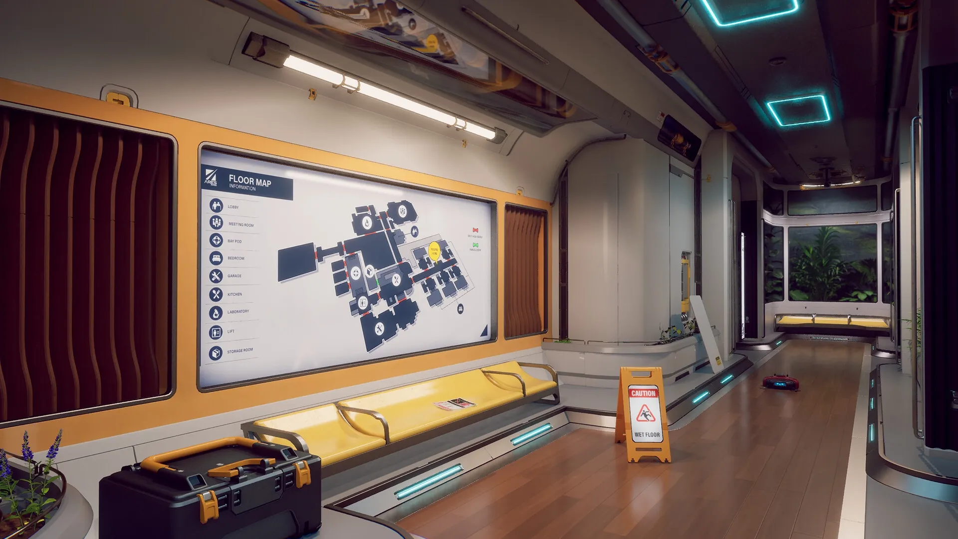 Strand: Floor map display in sleek corridor with caution sign and robotic cleaner on wooden floor
