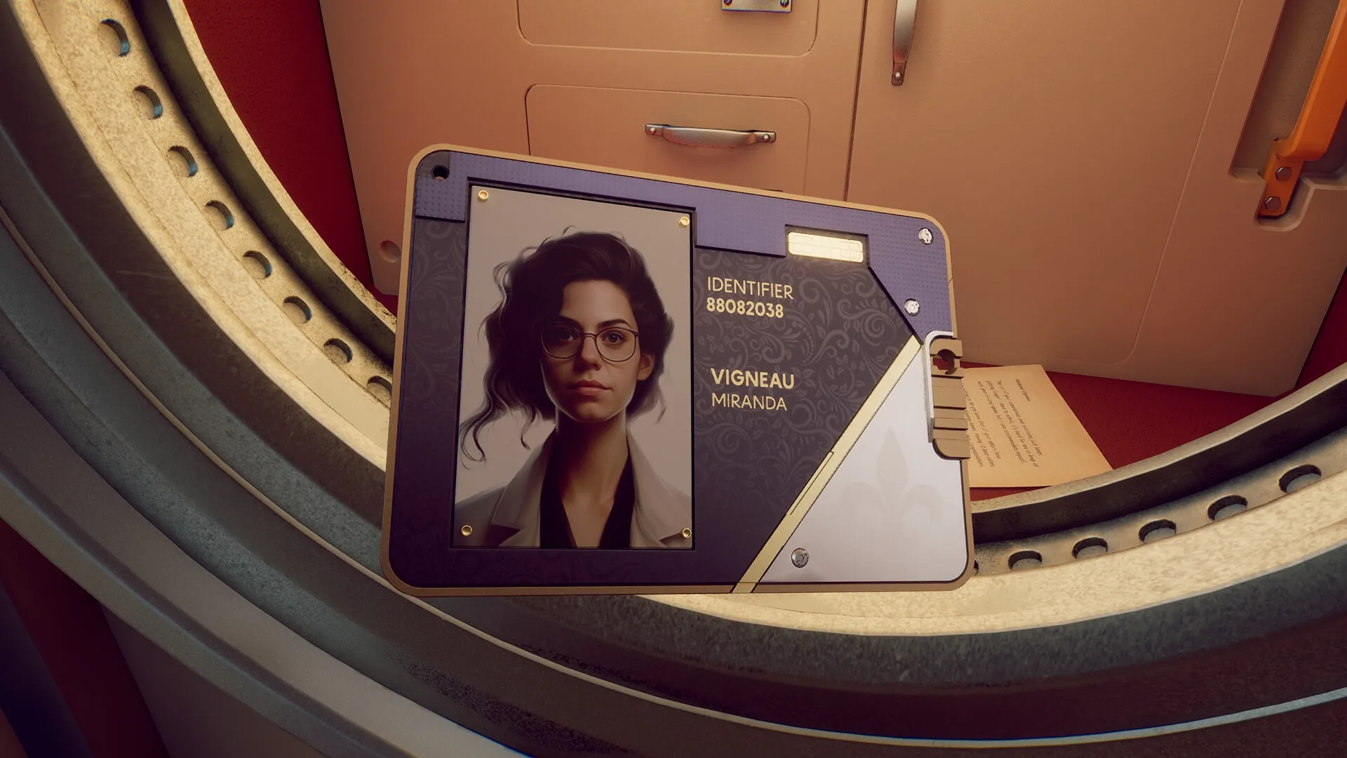 Strand: ID card of Miranda Vigneau on circular hatch in high-tech space station environment