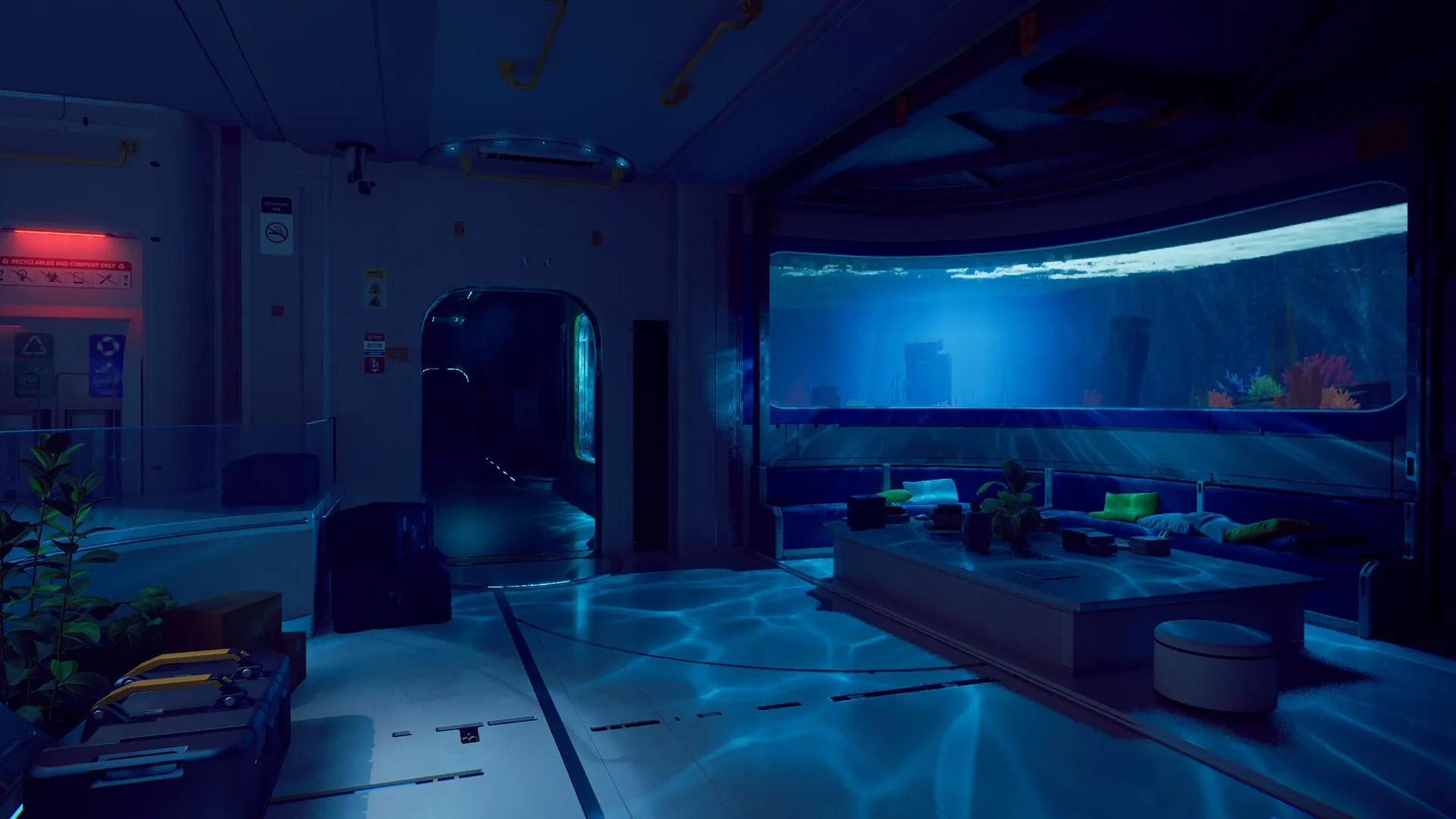 Strand: Lounge area with underwater view in high-tech space station, dimly lit with scattered cushions