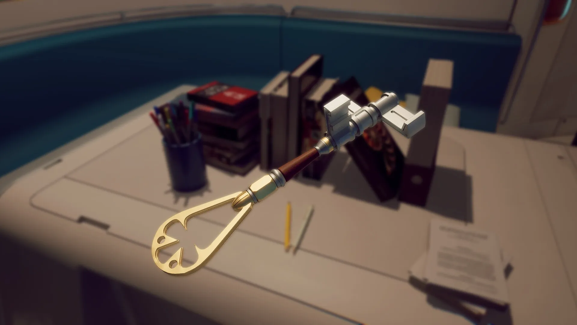 Strand: Intricate key floating above cluttered desk with books and stationery in space station room