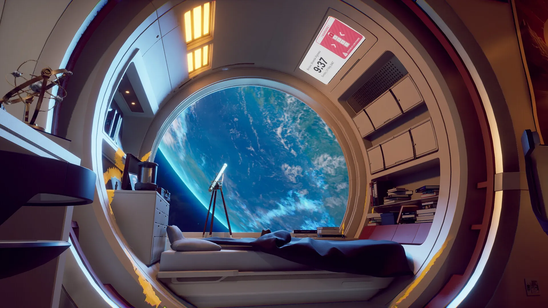 Strand: Interior of a space station room with Earth view, telescope, and digital time display at 9:37