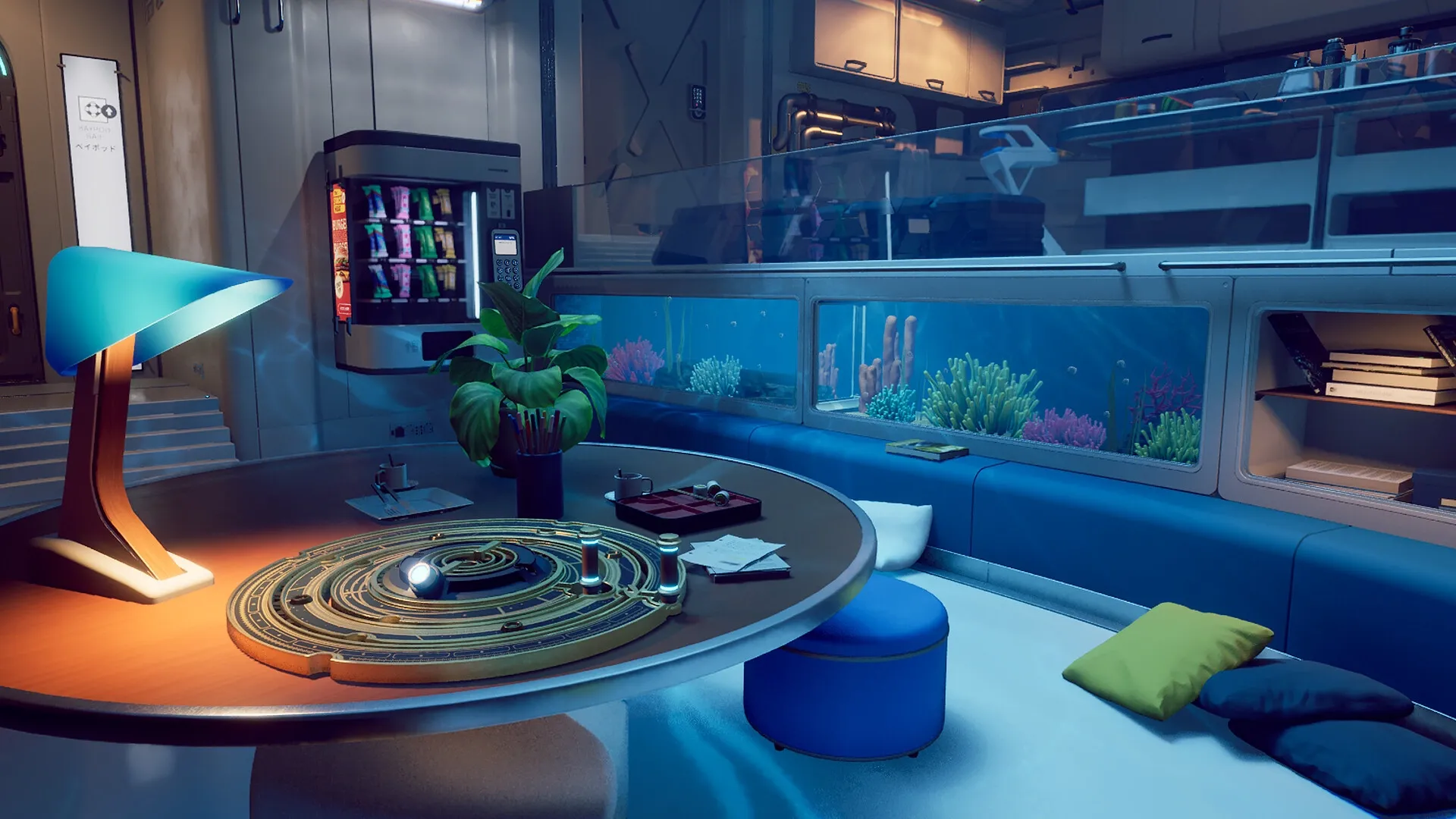Strand: Table with puzzle device, aquarium, and vending machine in futuristic space station lounge