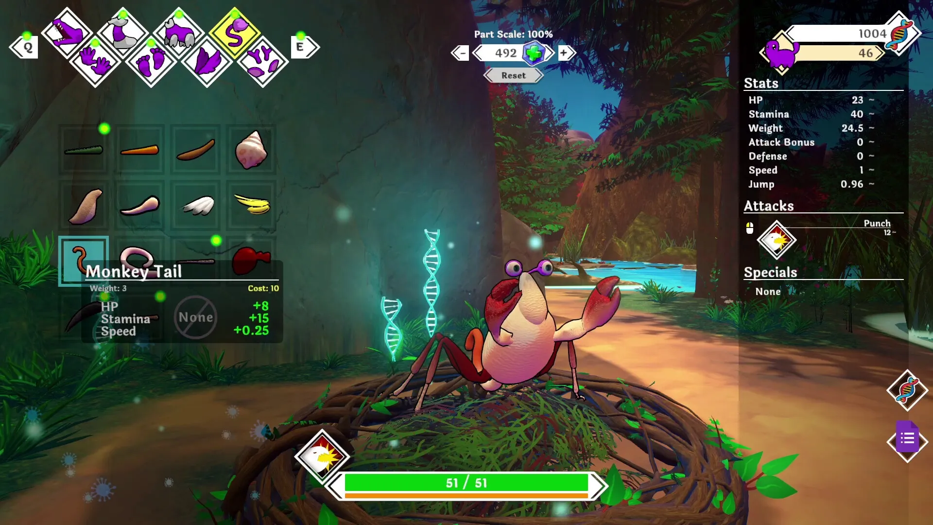 Strange Seed: Crab character in jungle with DNA upgrade menu and stats displayed on the right side.
