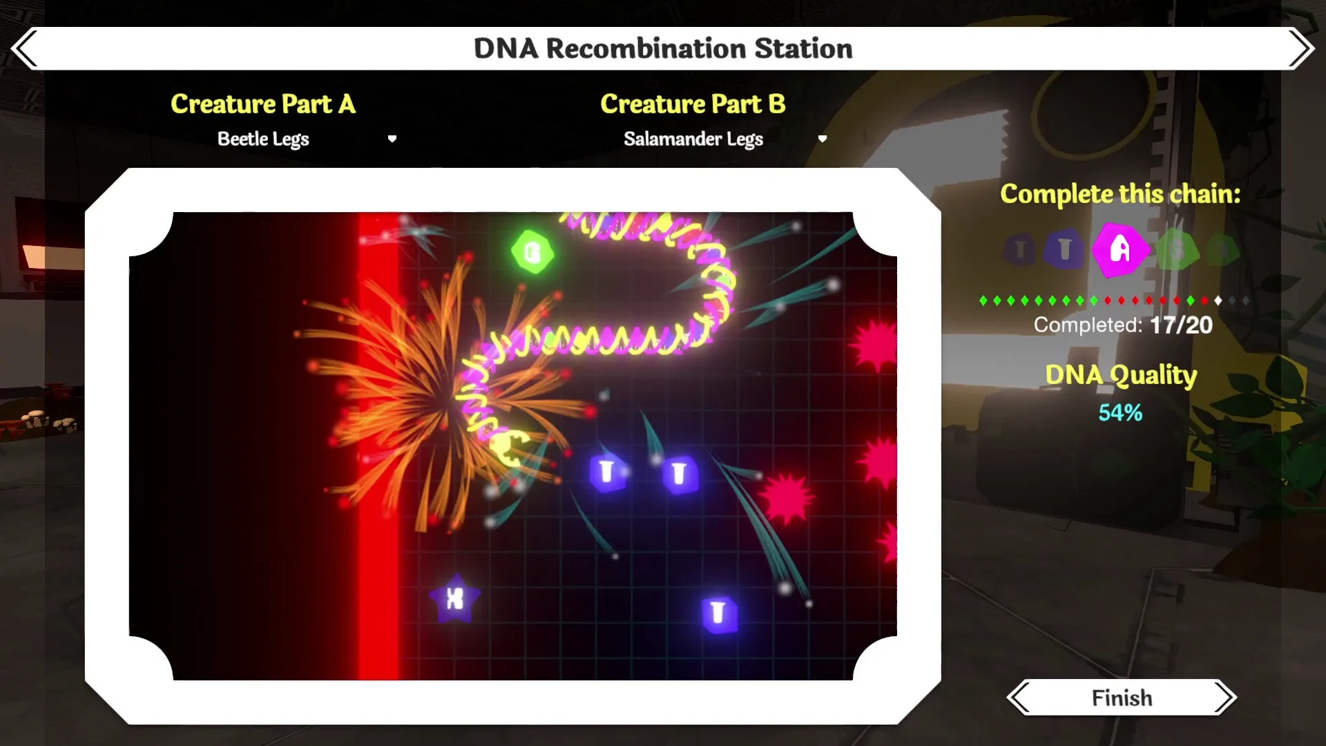 Strange Seed: DNA Recombination Station interface with creature parts and sequence completion status
