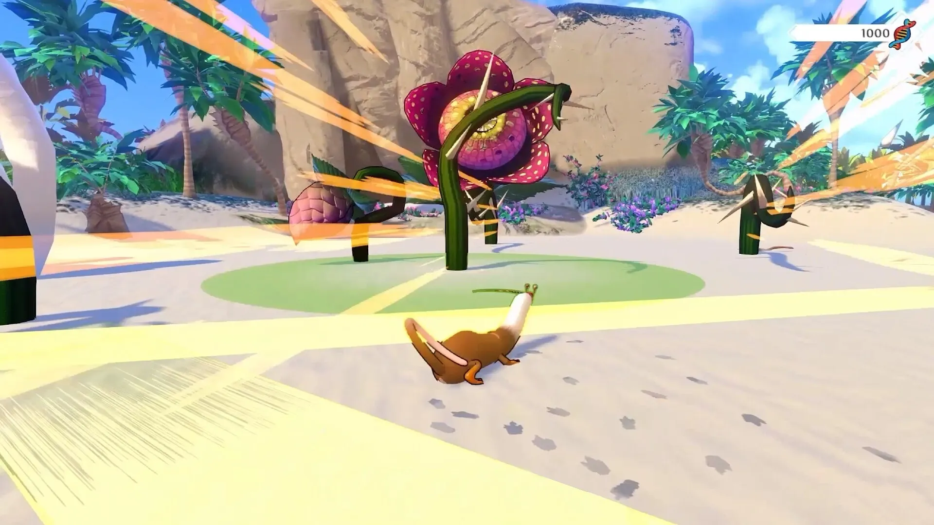 Strange Seed: Brown blob creature facing large pink flower in a tropical desert environment with palm trees.