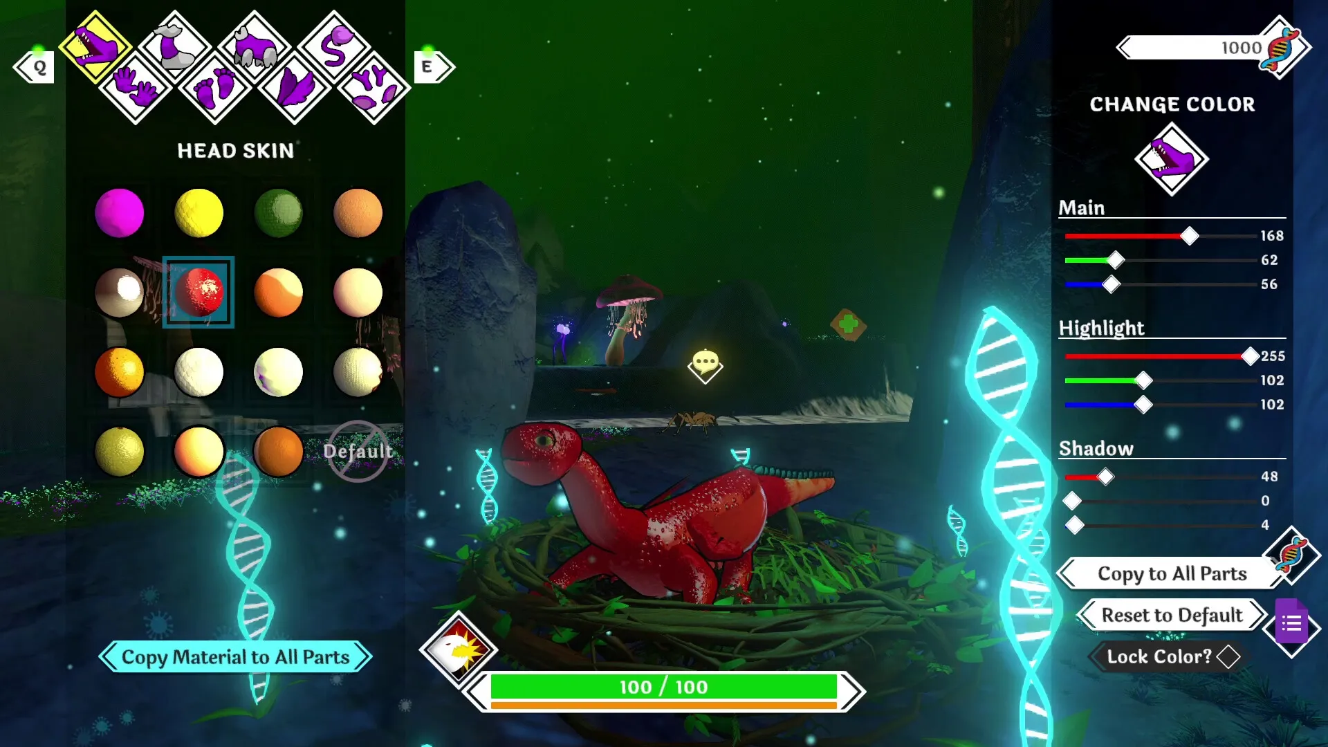 Strange Seed: DNA customization interface with red dinosaur in a lush cave environment
