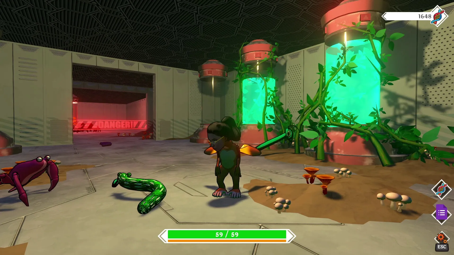Strange Seed: Evolved blob among plants and enemies in a sci-fi lab with danger sign and health bar visible.