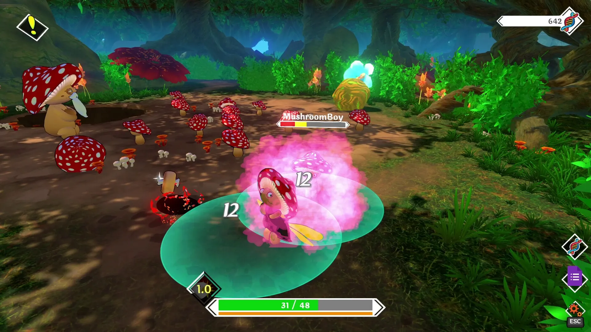 Strange Seed: Blob battles MushroomBoy with pink smoke in lush forest environment