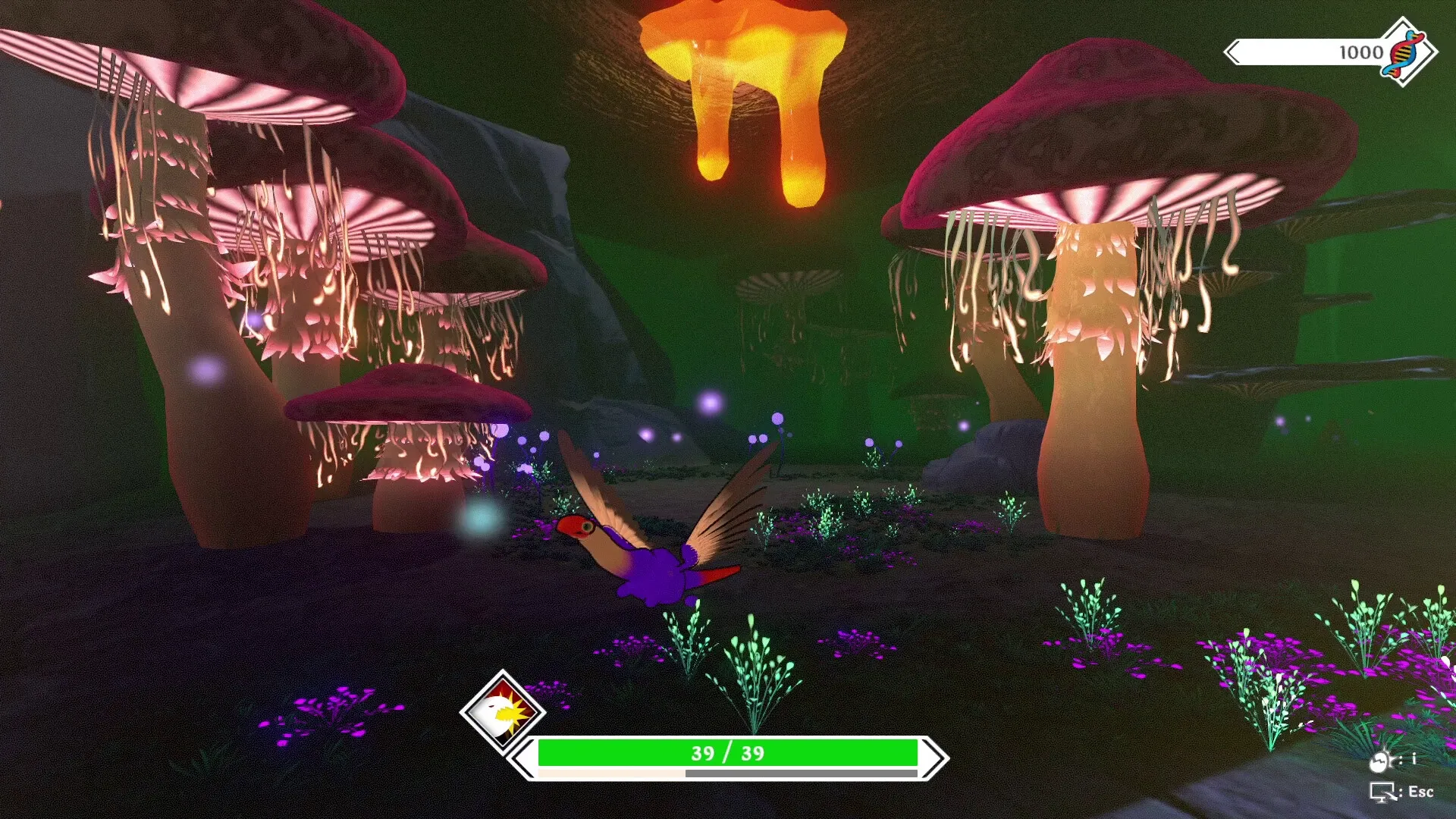 Strange Seed: Flying purple creature navigates bioluminescent forest with glowing mushrooms and plants.