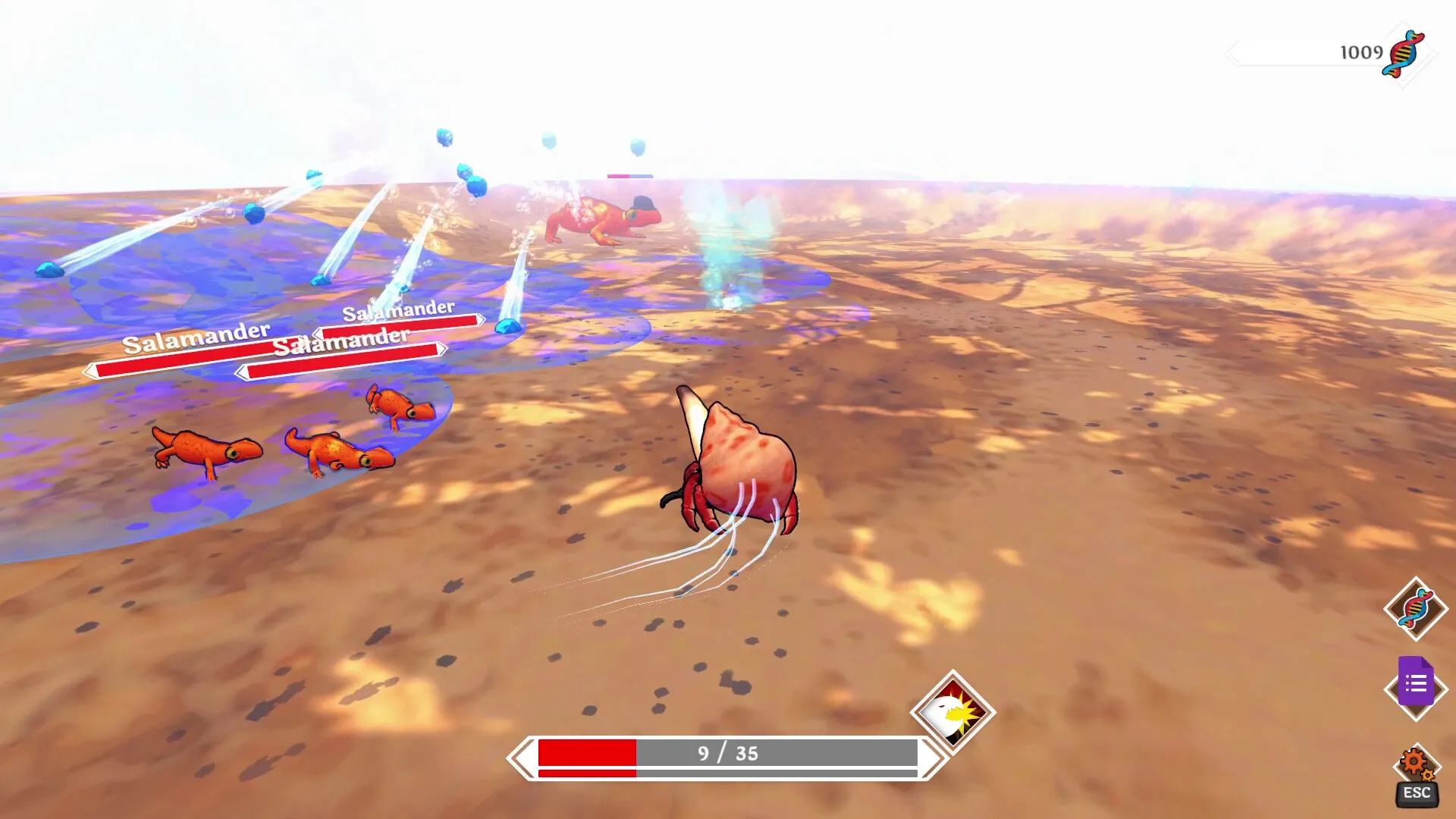 Strange Seed: Blob character evades salamanders in desert arena with health and DNA indicators visible.