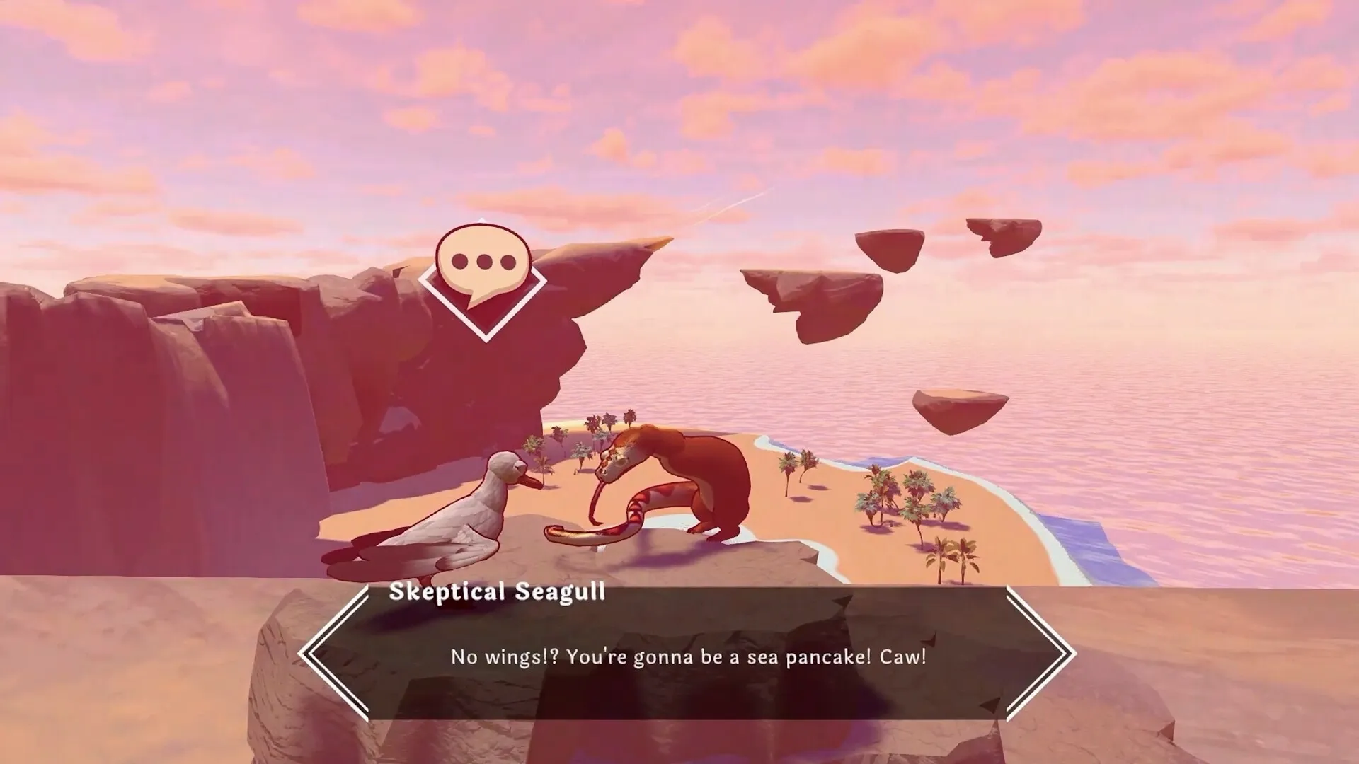 Strange Seed: Skeptical Seagull and blob character dialogue on cliff with floating islands in background.