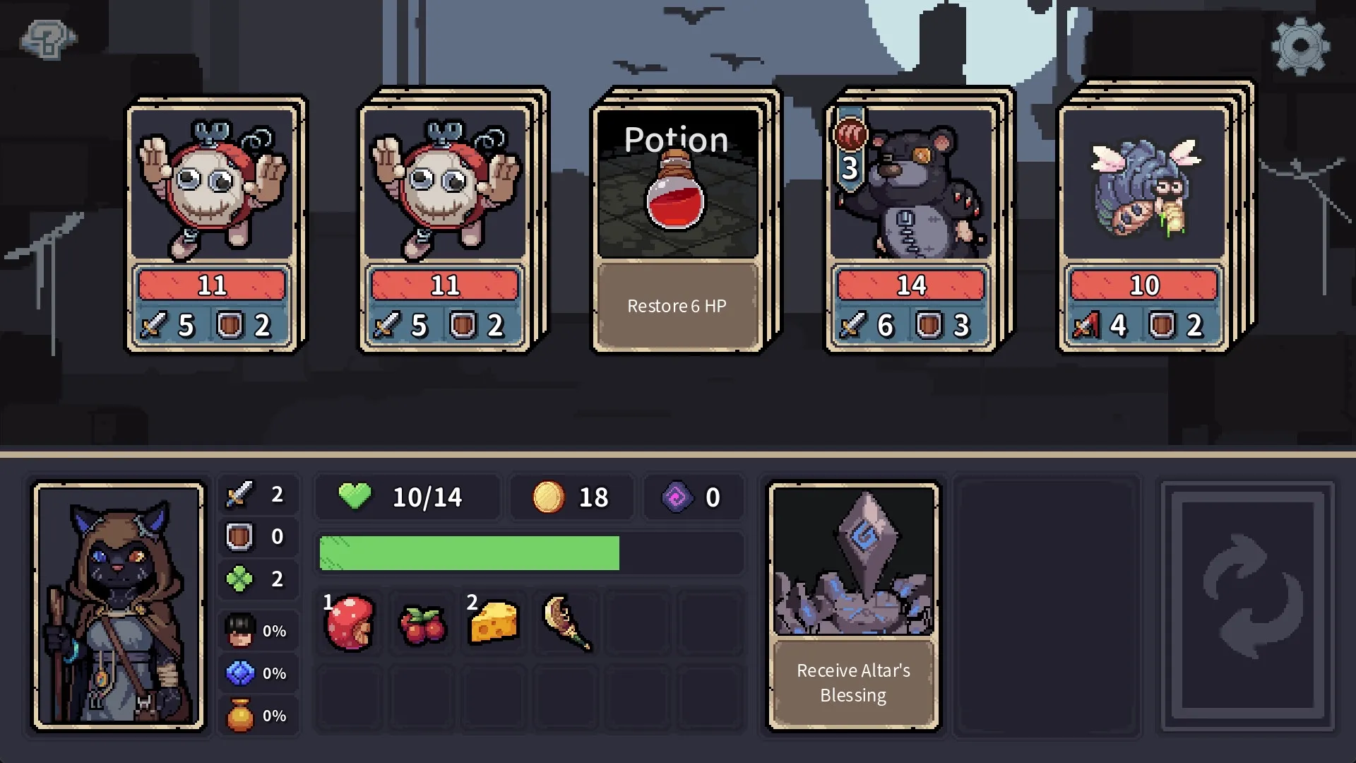 Stray Path: Character inventory and card selection with potion and enemy cards in a dark setting