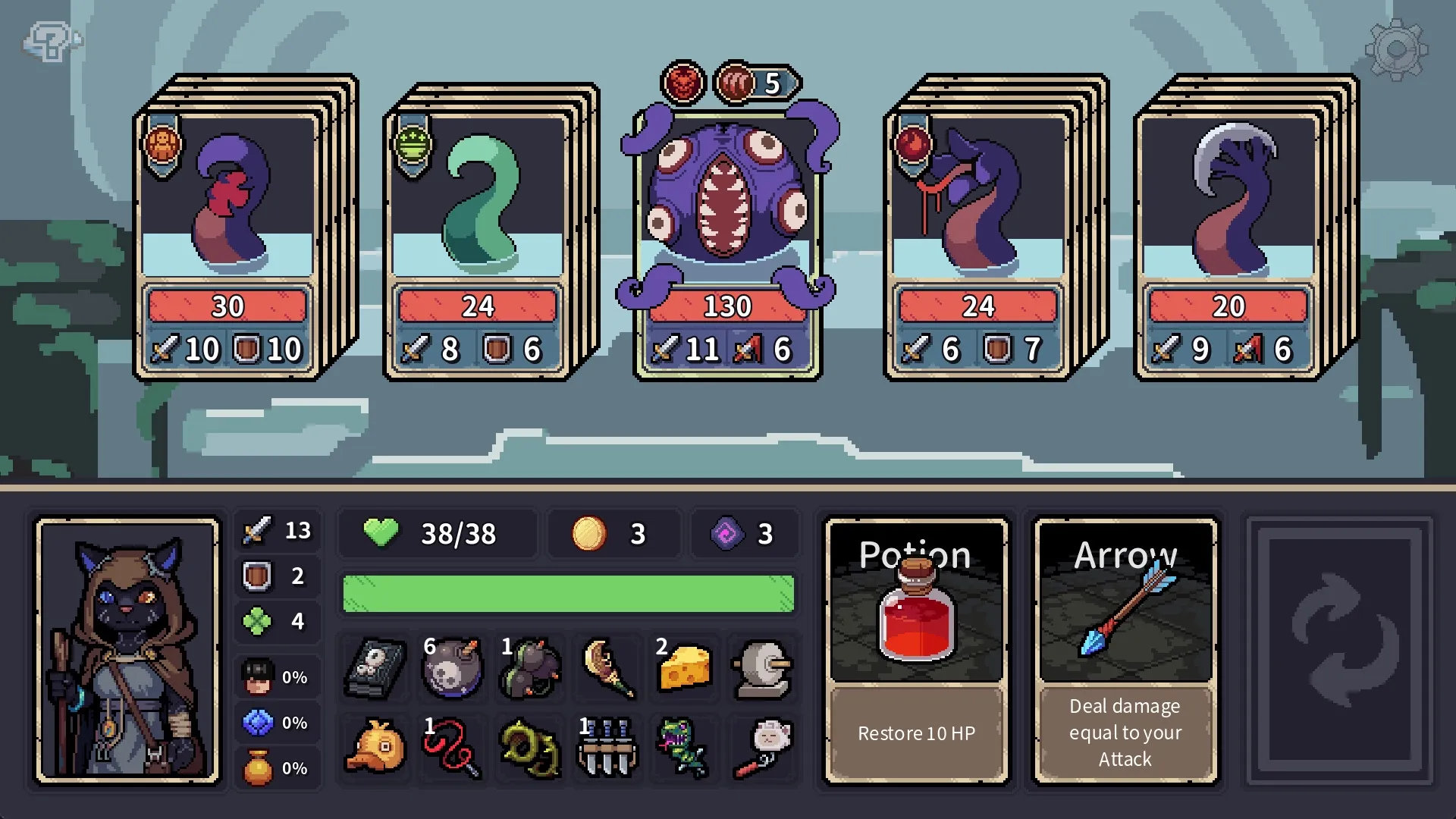 Stray Path: Combat preparation screen with character stats, enemy cards, and inventory items visible